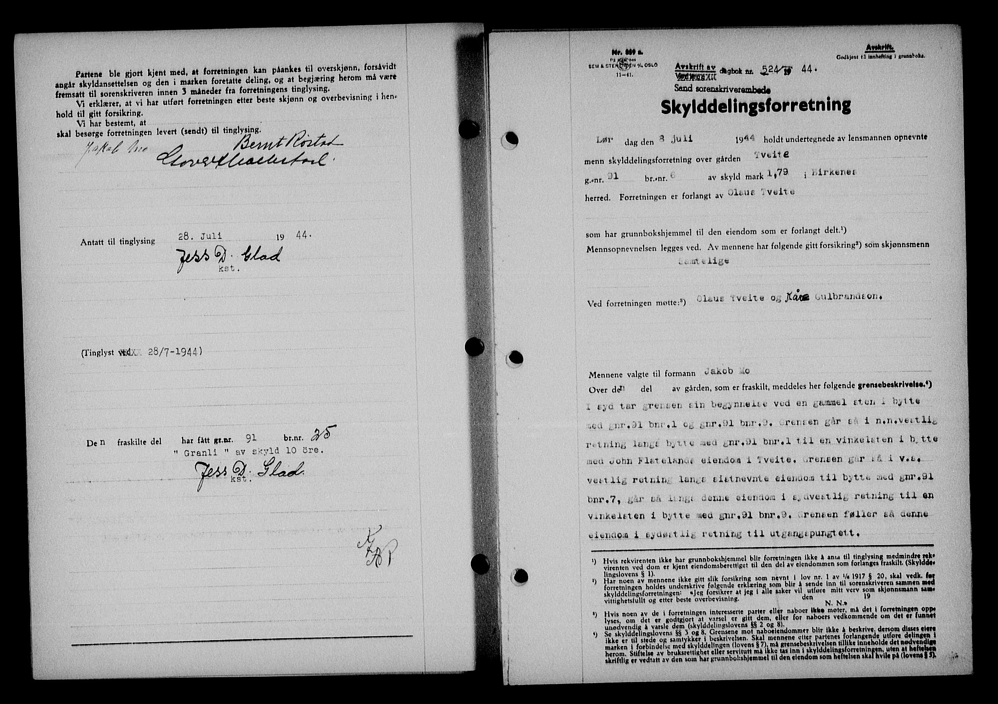 Vestre Nedenes/Sand sorenskriveri, SAK/1221-0010/G/Gb/Gba/L0053: Mortgage book no. A 6, 1944-1945, Diary no: : 524/1944