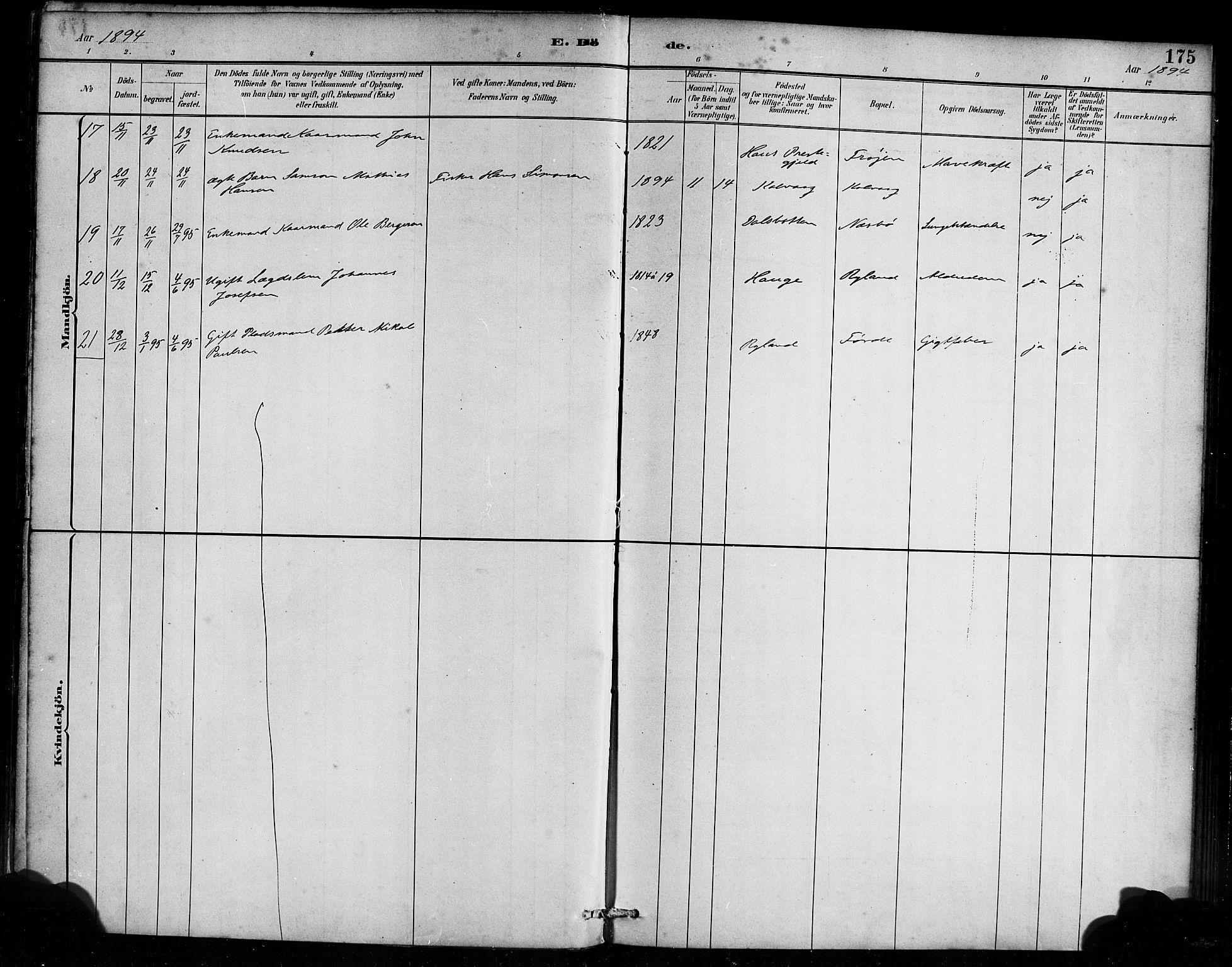 Bremanger sokneprestembete, AV/SAB-A-82201/H/Haa/Haab/L0001: Parish register (official) no. B 1, 1884-1895, p. 175