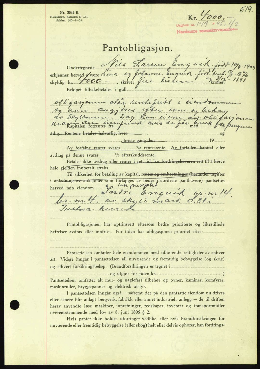 Nordmøre sorenskriveri, AV/SAT-A-4132/1/2/2Ca: Mortgage book no. B92, 1944-1945, Diary no: : 179/1945