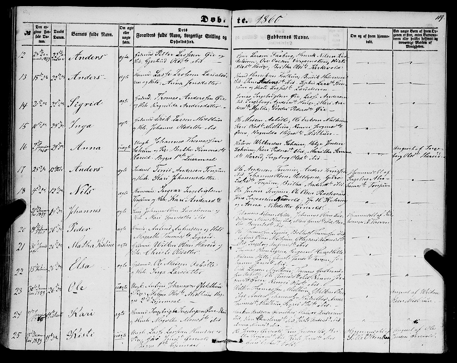 Lærdal sokneprestembete, AV/SAB-A-81201: Parish register (official) no. A 11, 1850-1866, p. 119