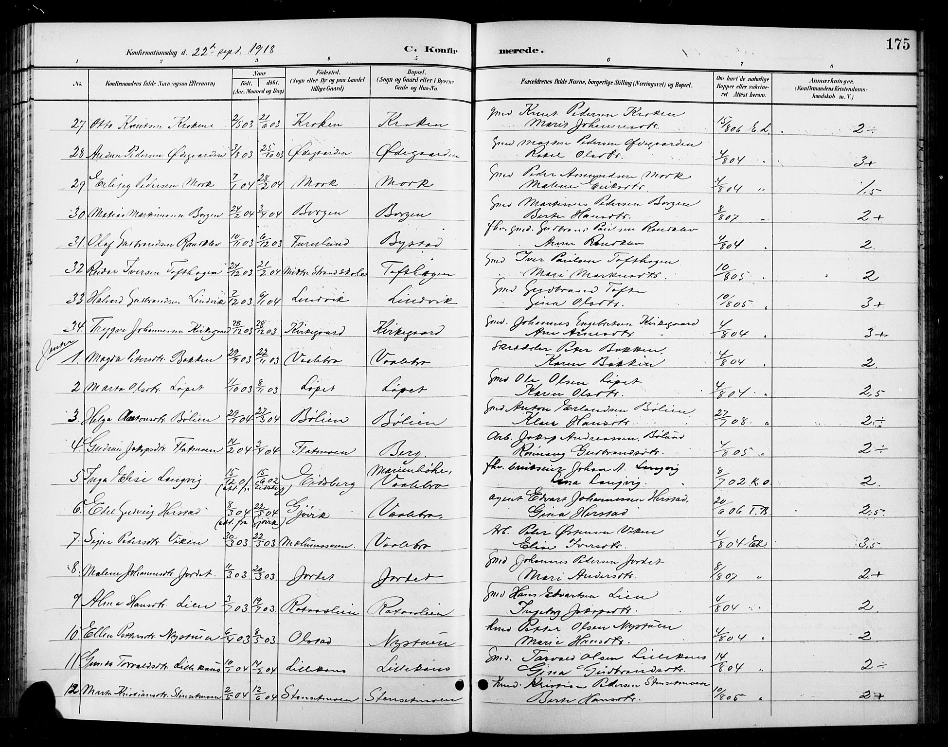 Ringebu prestekontor, SAH/PREST-082/H/Ha/Hab/L0009: Parish register (copy) no. 9, 1899-1921, p. 175