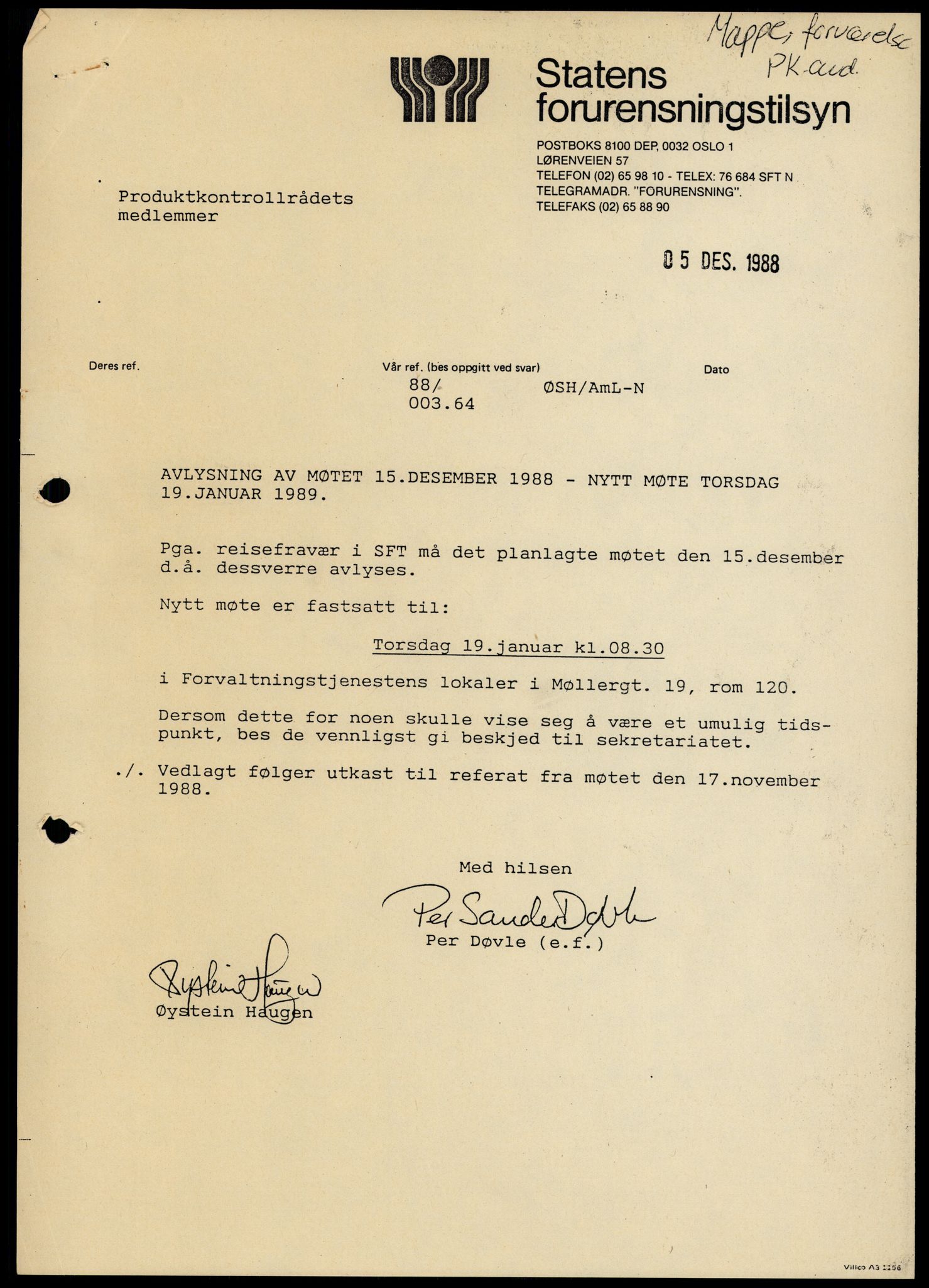 Statens forurensningstilsyn, hovedkontoret, AV/RA-S-4136/1/A/Ab/L0014: Produktkontrollrådet - Innkalling og referater, 1988