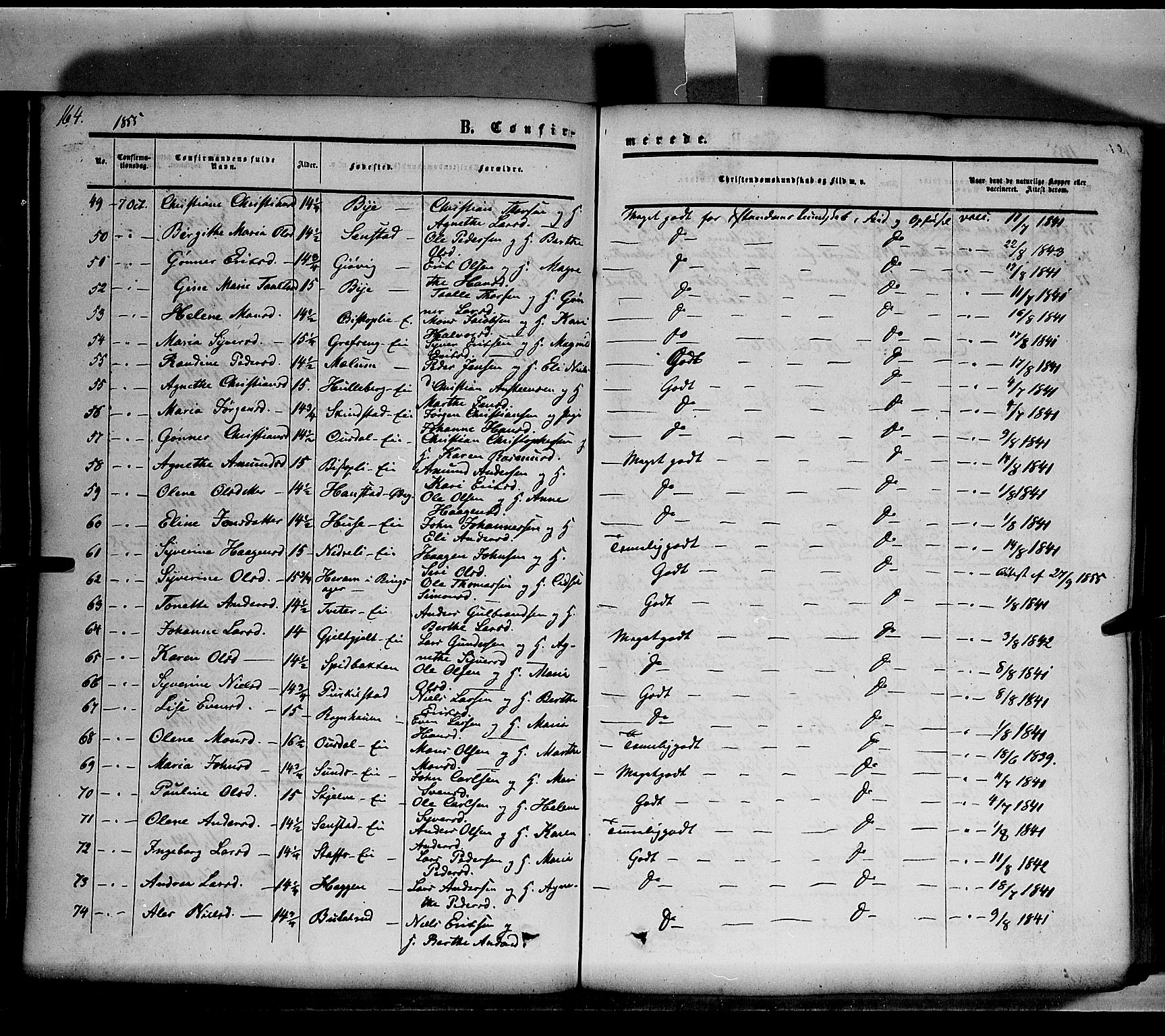 Nes prestekontor, Hedmark, SAH/PREST-020/K/Ka/L0004: Parish register (official) no. 4, 1852-1886, p. 164