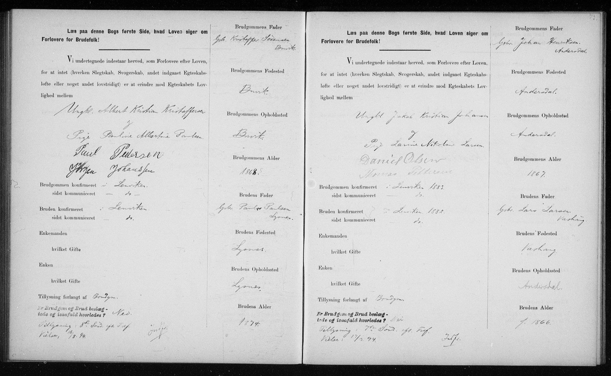 Lenvik sokneprestembete, AV/SATØ-S-1310/I/Ie/L0129: Banns register no. 129, 1890-1895, p. 73