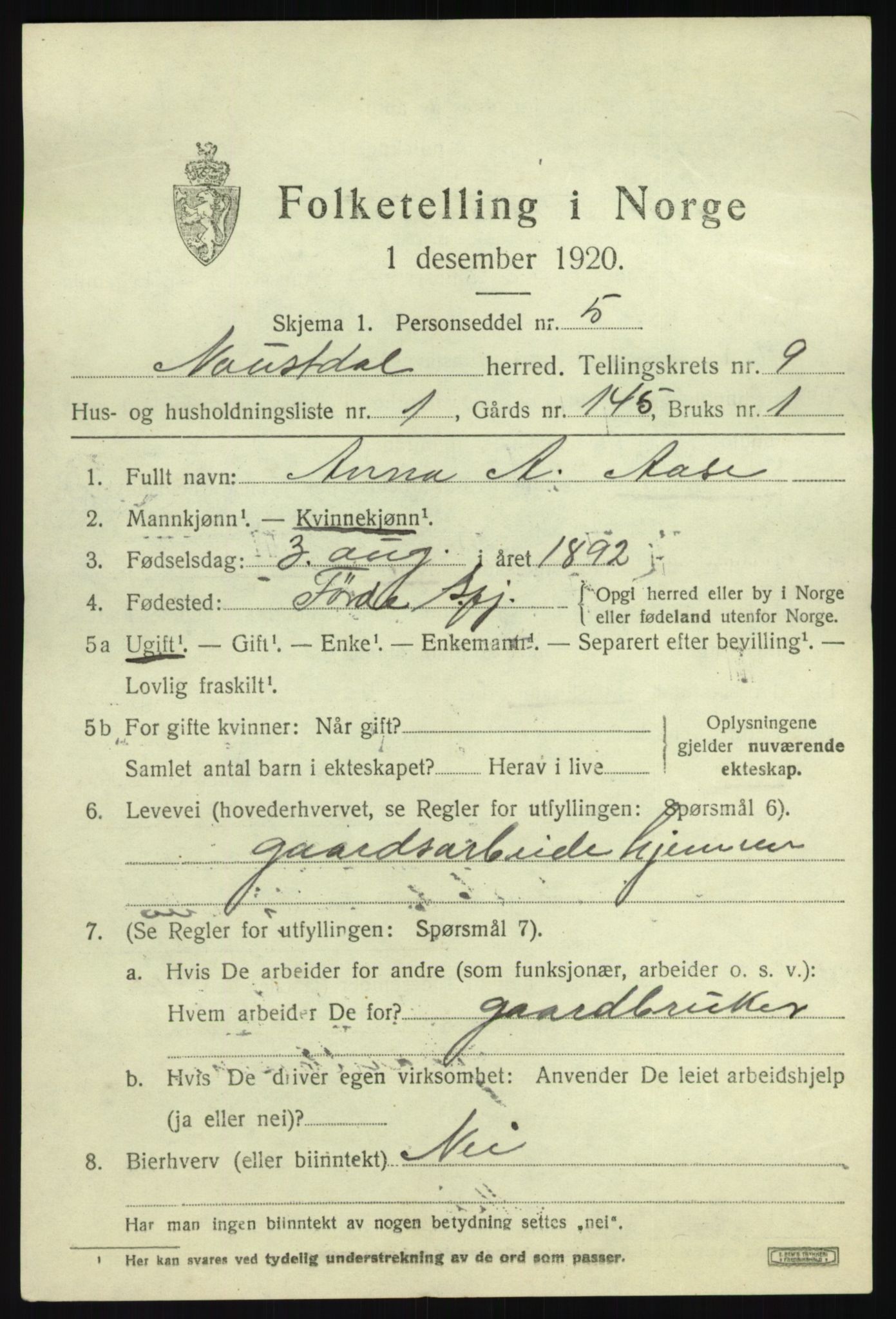 SAB, 1920 census for Naustdal, 1920, p. 5355