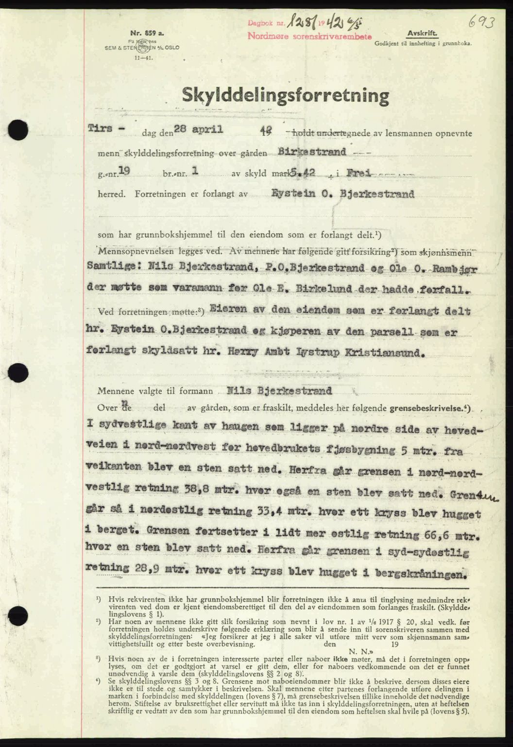 Nordmøre sorenskriveri, AV/SAT-A-4132/1/2/2Ca: Mortgage book no. A92, 1942-1942, Diary no: : 1281/1942