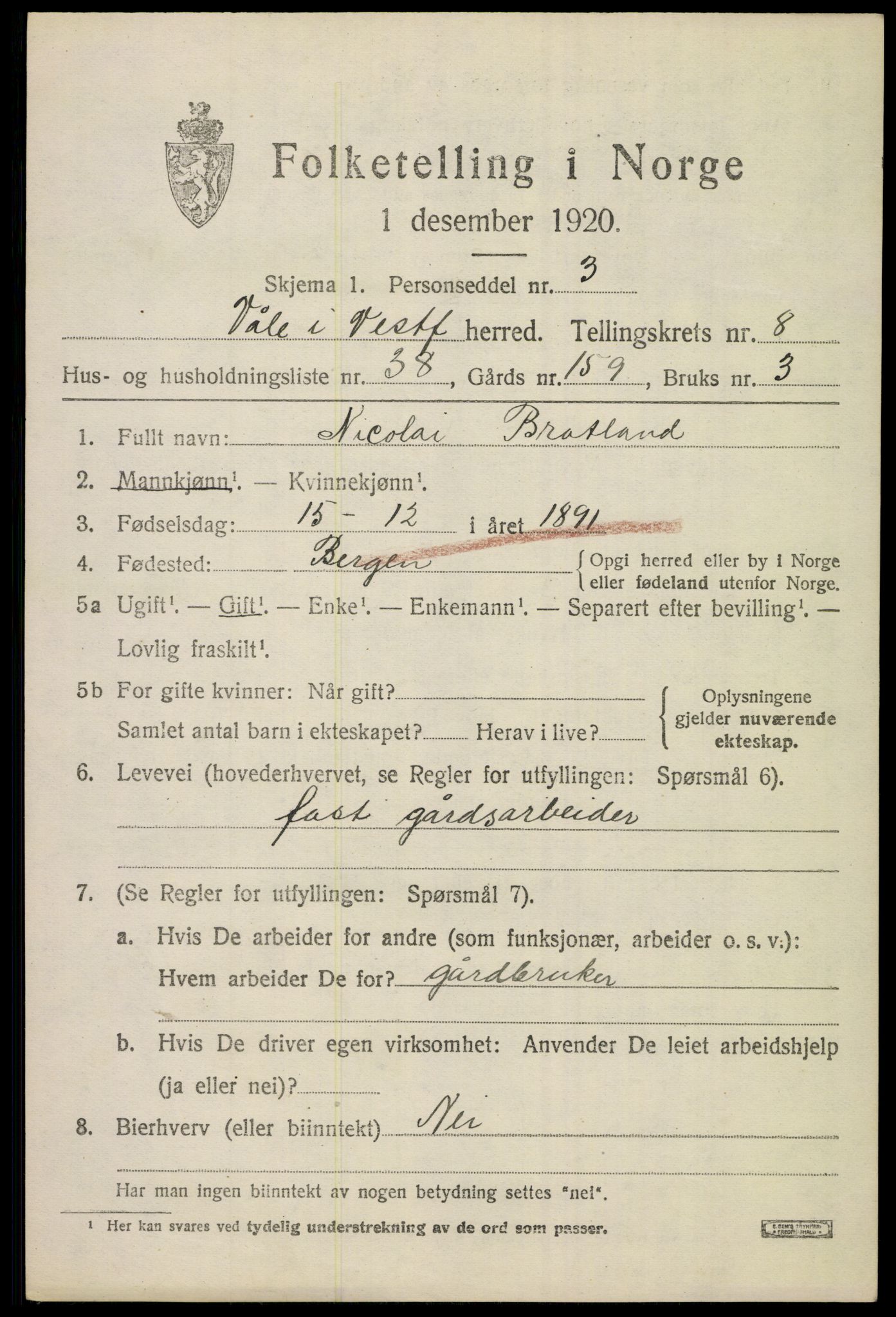 SAKO, 1920 census for Våle, 1920, p. 6572