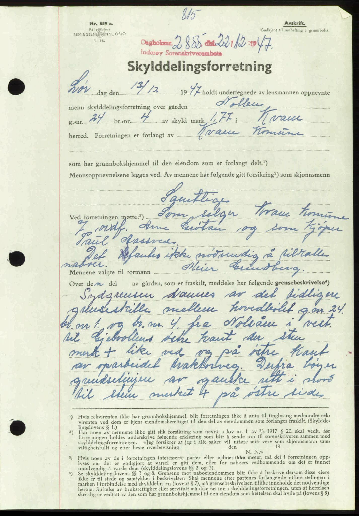 Inderøy sorenskriveri, AV/SAT-A-4147/1/2/2C: Mortgage book no. A 16, 1947-1948, Diary no: : 2855/1947