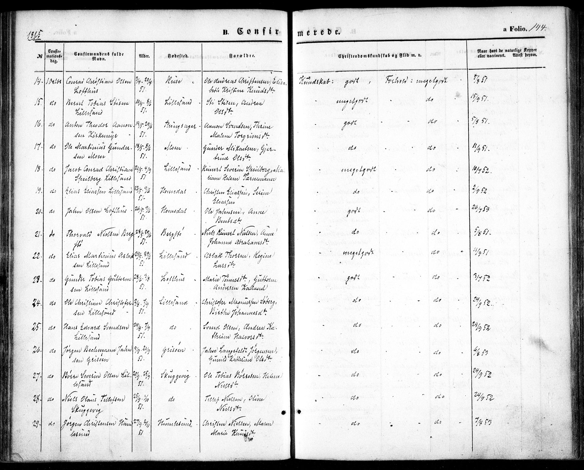 Vestre Moland sokneprestkontor, AV/SAK-1111-0046/F/Fa/Fab/L0007: Parish register (official) no. A 7, 1859-1872, p. 144