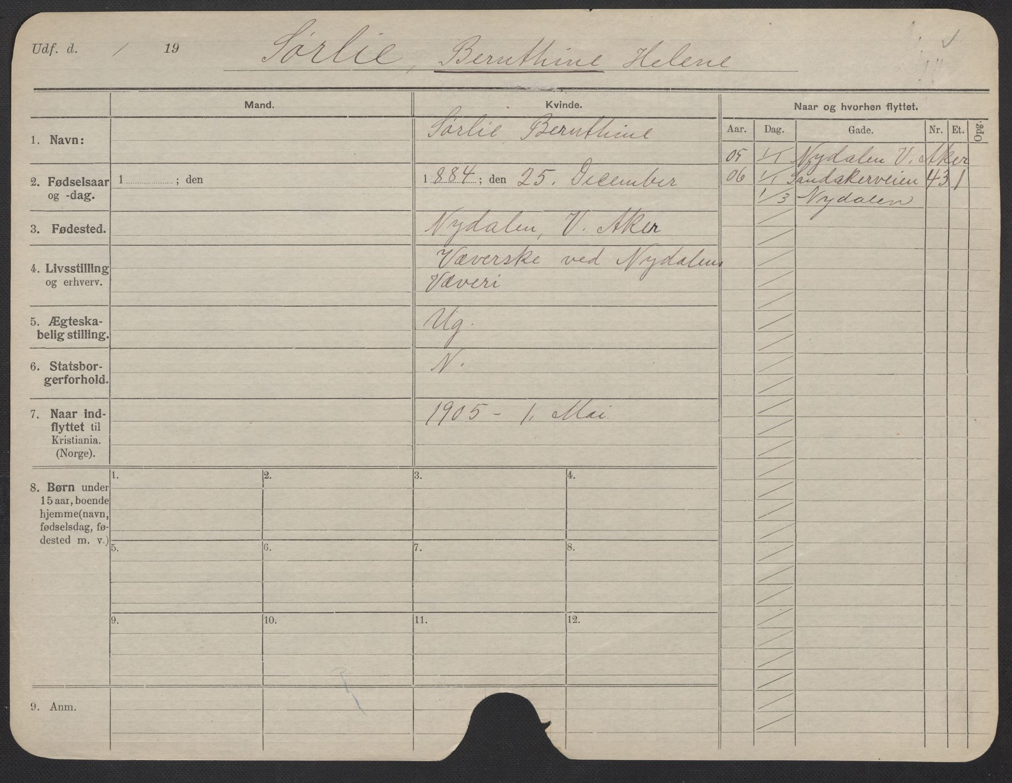 Oslo folkeregister, Registerkort, AV/SAO-A-11715/F/Fa/Fac/L0024: Kvinner, 1906-1914, p. 957a