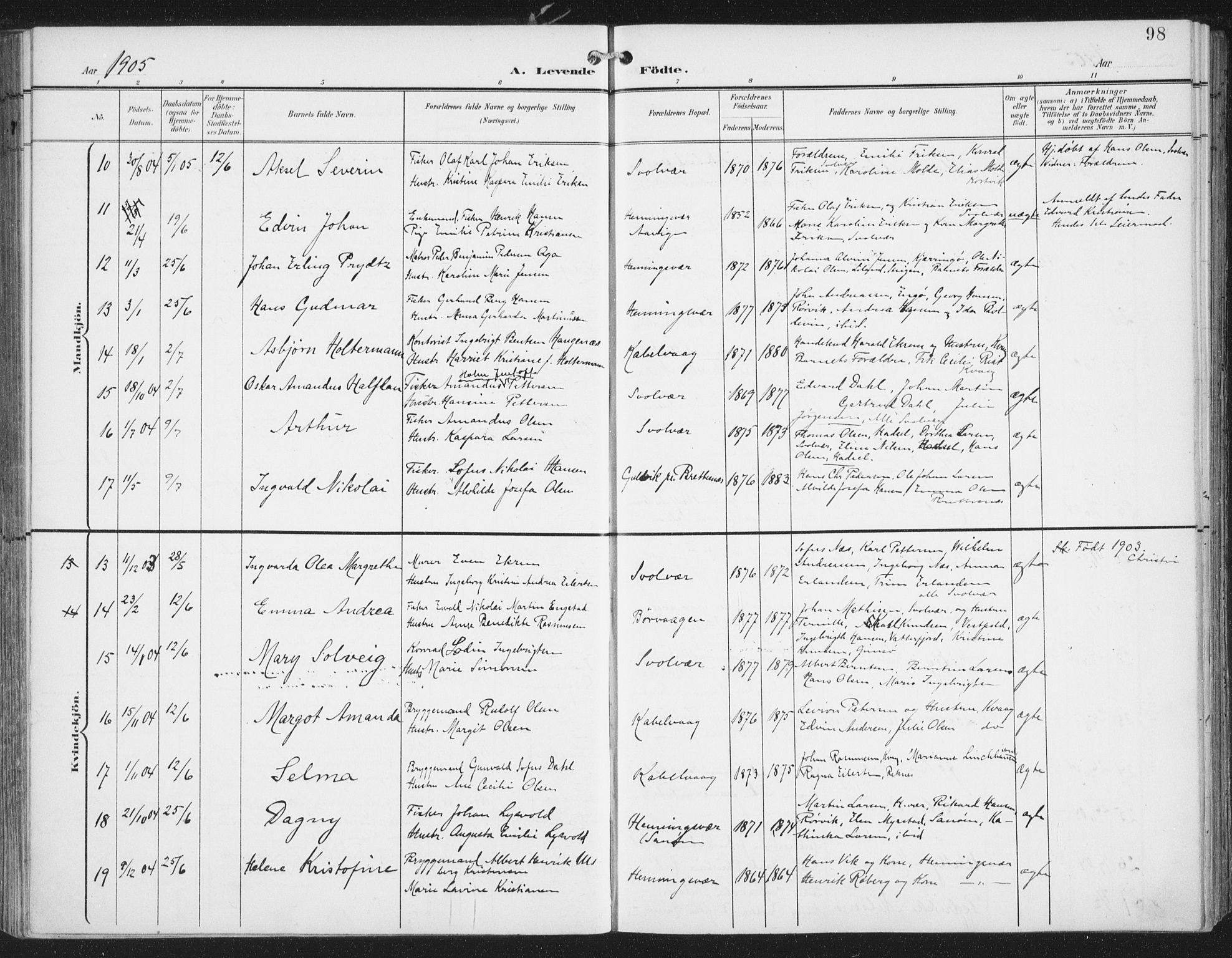 Ministerialprotokoller, klokkerbøker og fødselsregistre - Nordland, AV/SAT-A-1459/874/L1062: Parish register (official) no. 874A06, 1899-1907, p. 98