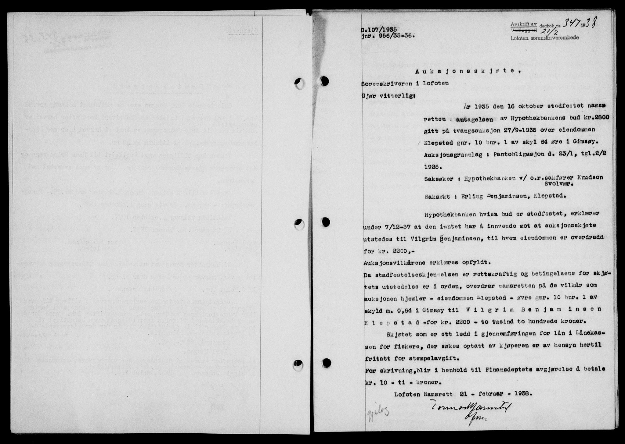 Lofoten sorenskriveri, SAT/A-0017/1/2/2C/L0003a: Mortgage book no. 3a, 1937-1938, Diary no: : 347/1938