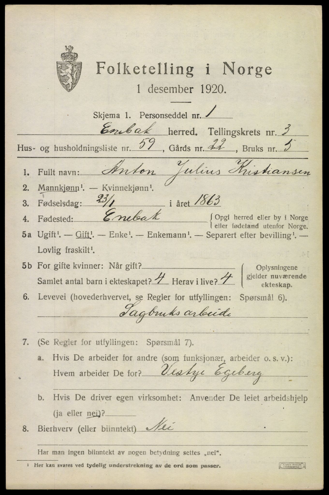 SAO, 1920 census for Enebakk, 1920, p. 3411