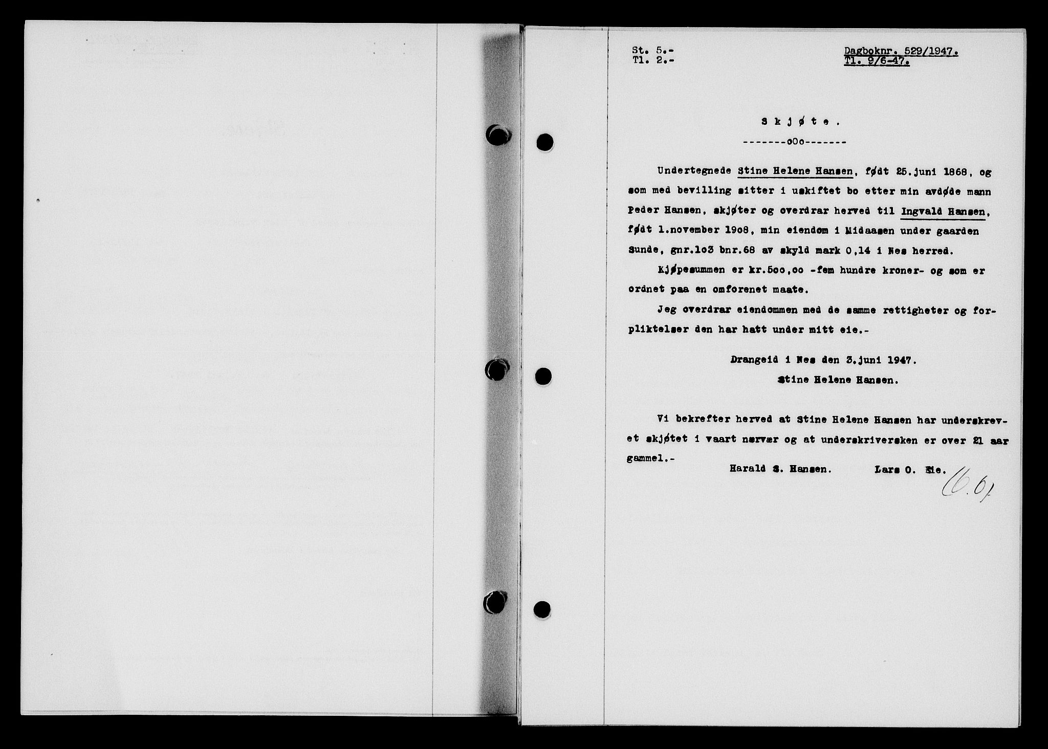 Flekkefjord sorenskriveri, SAK/1221-0001/G/Gb/Gba/L0062: Mortgage book no. A-10, 1947-1947, Diary no: : 529/1947