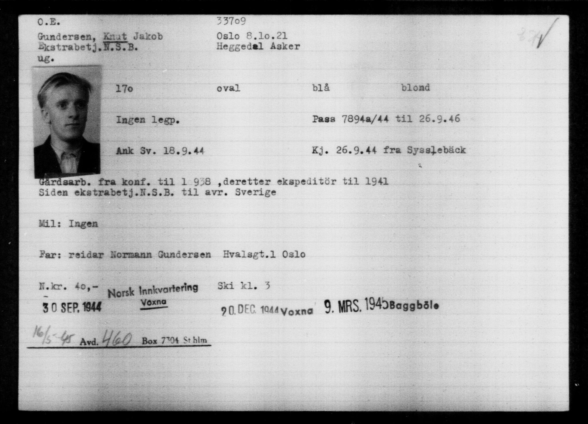 Utenriksstasjonene, Legasjonen i Stockholm, Flyktningkontoret, AV/RA-S-6753/V/Va/L0013: Kjesäterkartoteket, flyktninger med registreringsnr. 31500-34731, 1940-1945, p. 2330