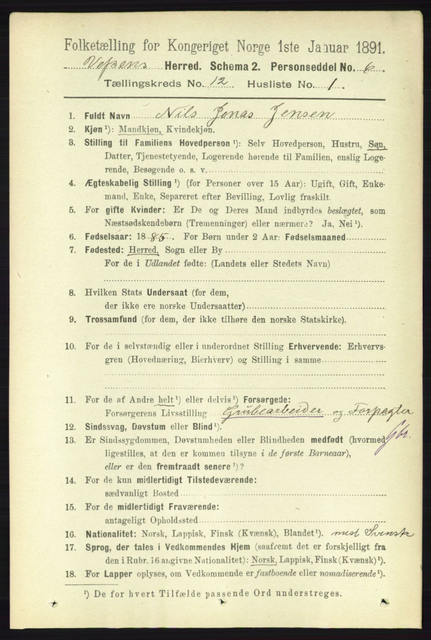 RA, 1891 census for 1824 Vefsn, 1891, p. 6079