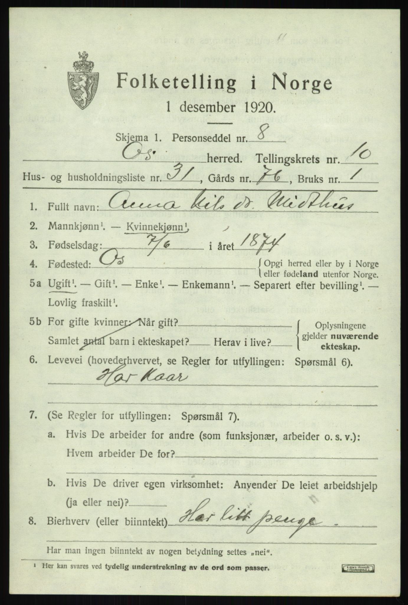 SAB, 1920 census for Os, 1920, p. 8650