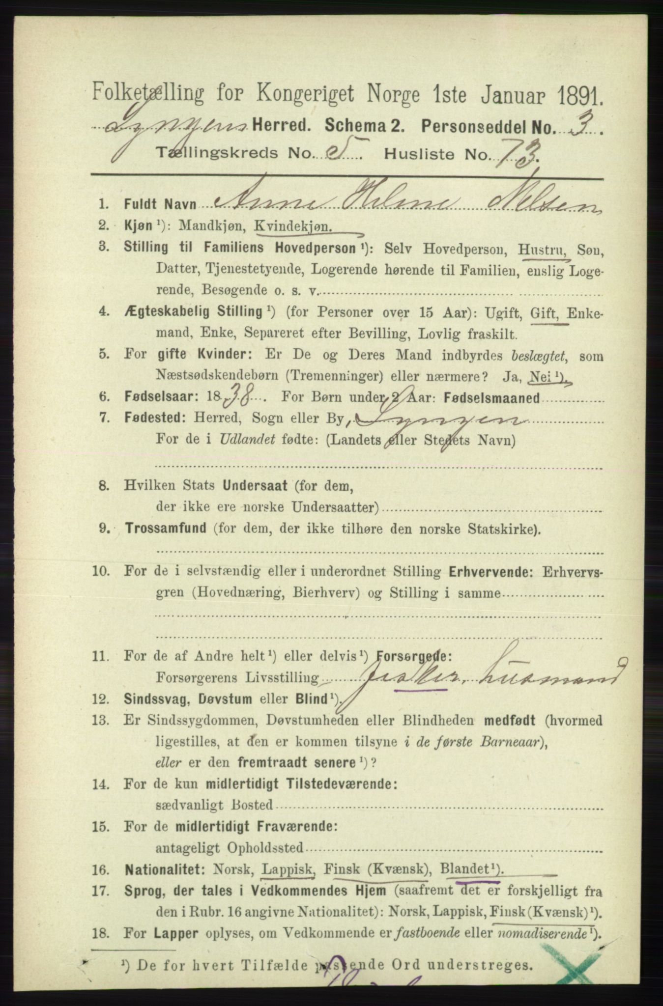 RA, 1891 census for 1938 Lyngen, 1891, p. 4893