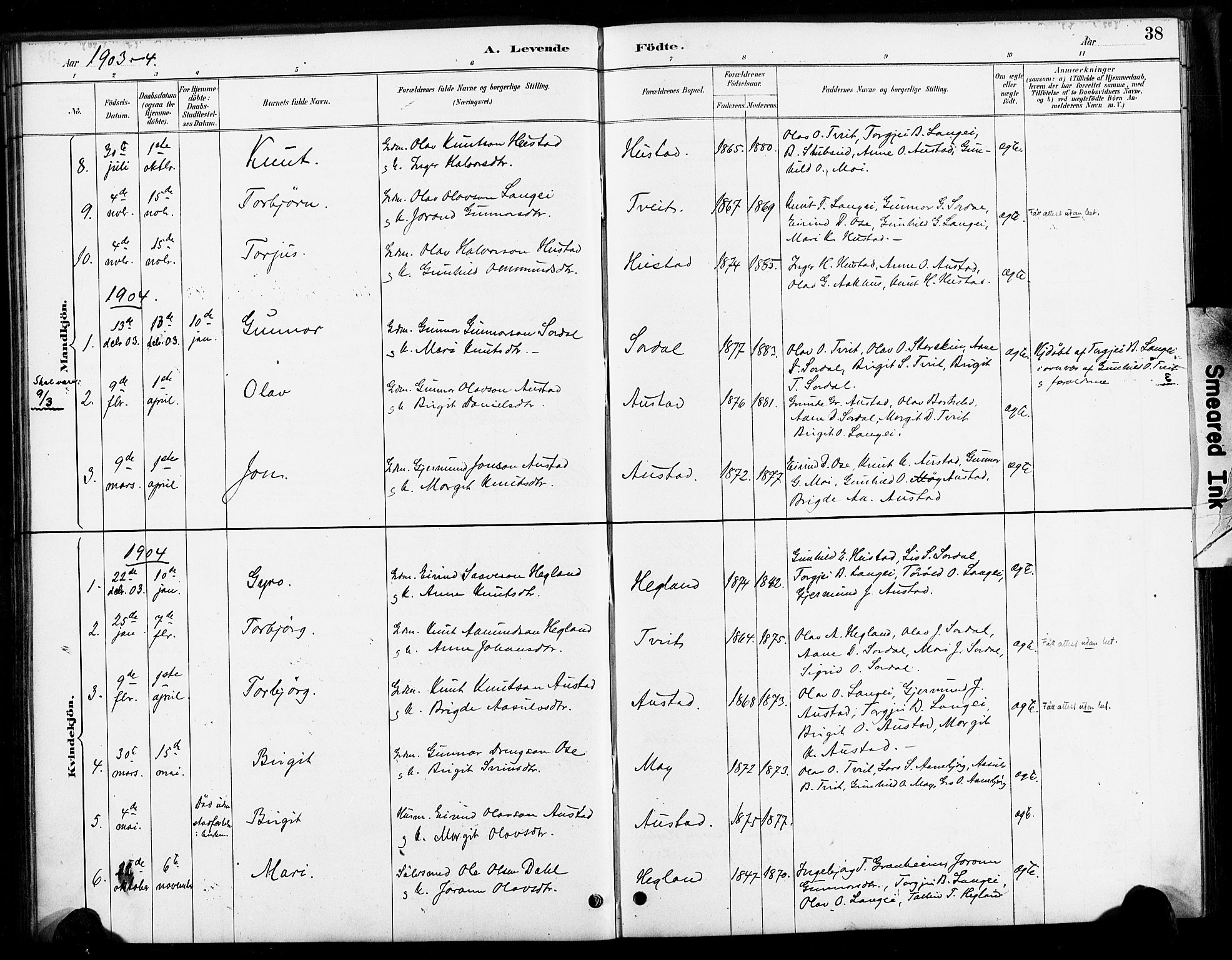 Bygland sokneprestkontor, SAK/1111-0006/F/Fa/Faa/L0001: Parish register (official) no. A 1, 1885-1908, p. 38