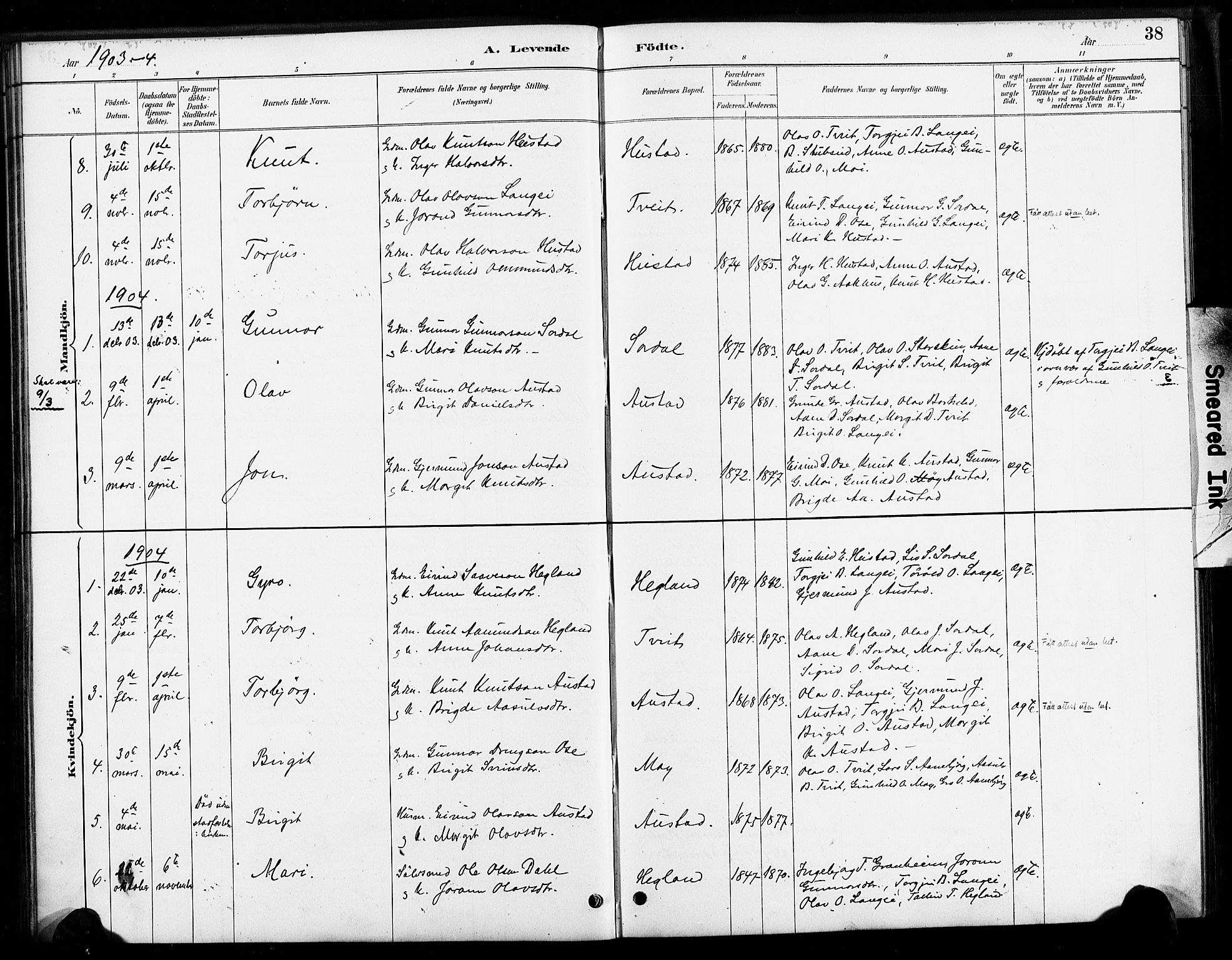 Bygland sokneprestkontor, AV/SAK-1111-0006/F/Fa/Faa/L0001: Parish register (official) no. A 1, 1885-1908, p. 38