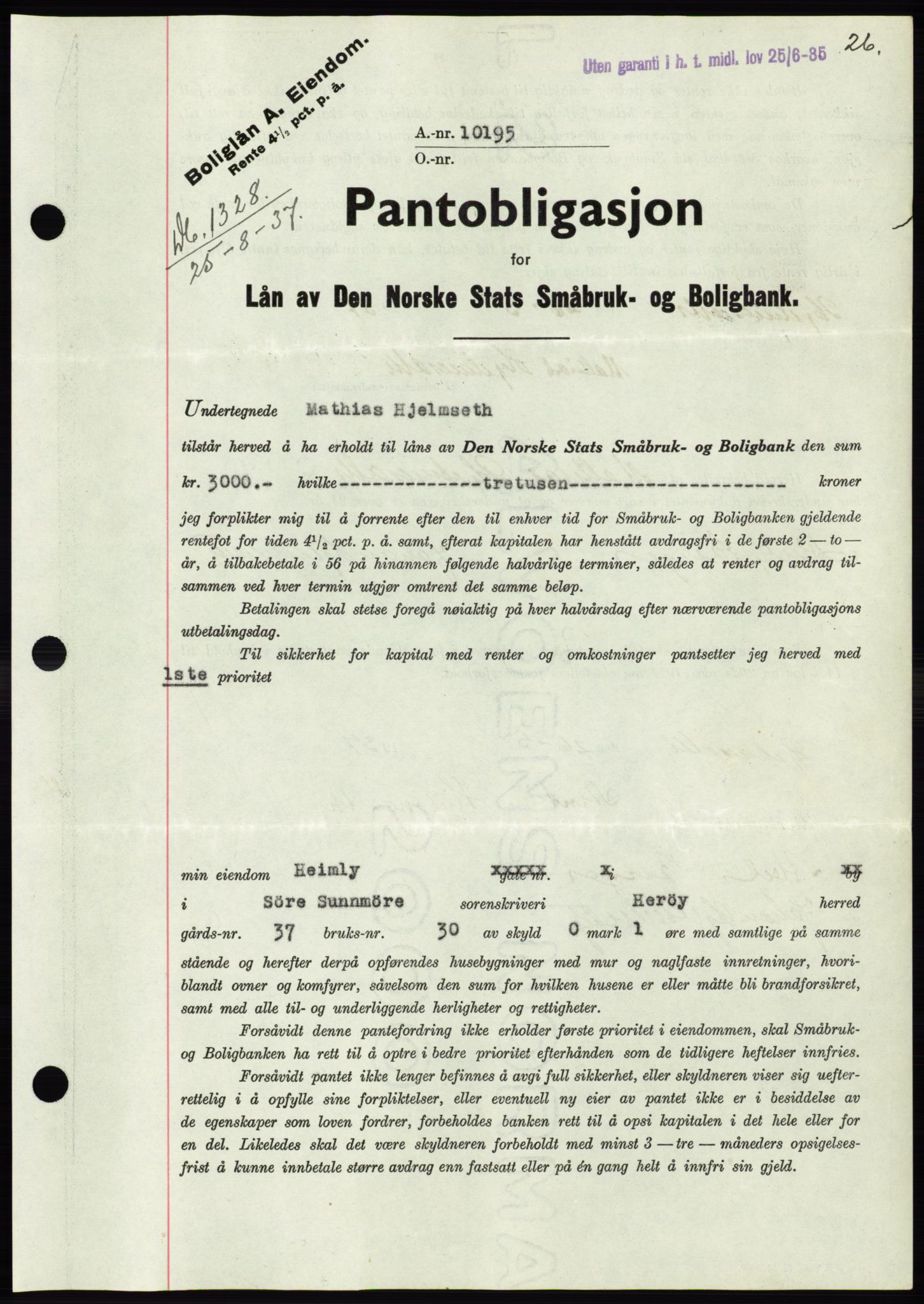 Søre Sunnmøre sorenskriveri, AV/SAT-A-4122/1/2/2C/L0064: Mortgage book no. 58, 1937-1938, Diary no: : 1328/1937