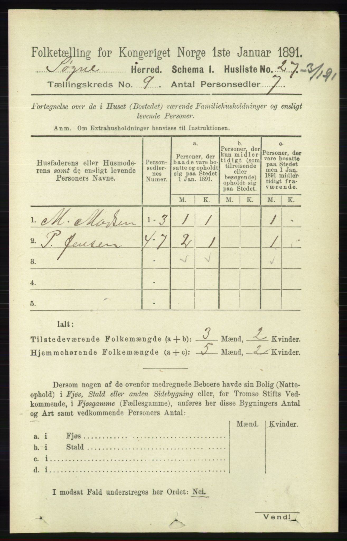 RA, 1891 census for 1018 Søgne, 1891, p. 2519