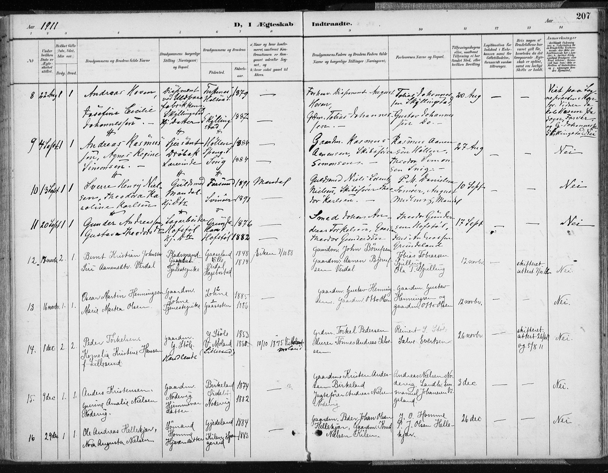 Sør-Audnedal sokneprestkontor, AV/SAK-1111-0039/F/Fa/Fab/L0010: Parish register (official) no. A 10, 1892-1913, p. 207