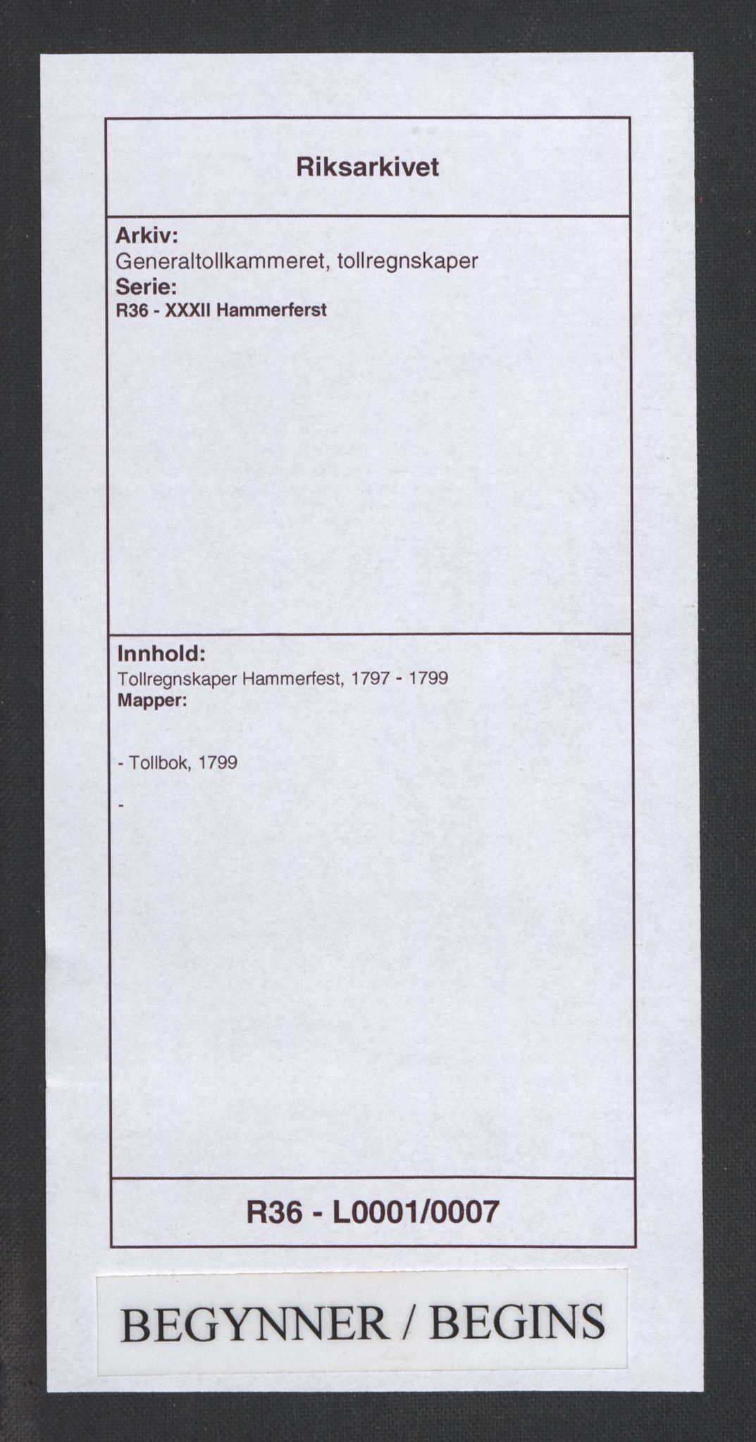 Generaltollkammeret, tollregnskaper, AV/RA-EA-5490/R36/L0001/0007: Tollregnskaper Hammerfest / Tollbok, 1799