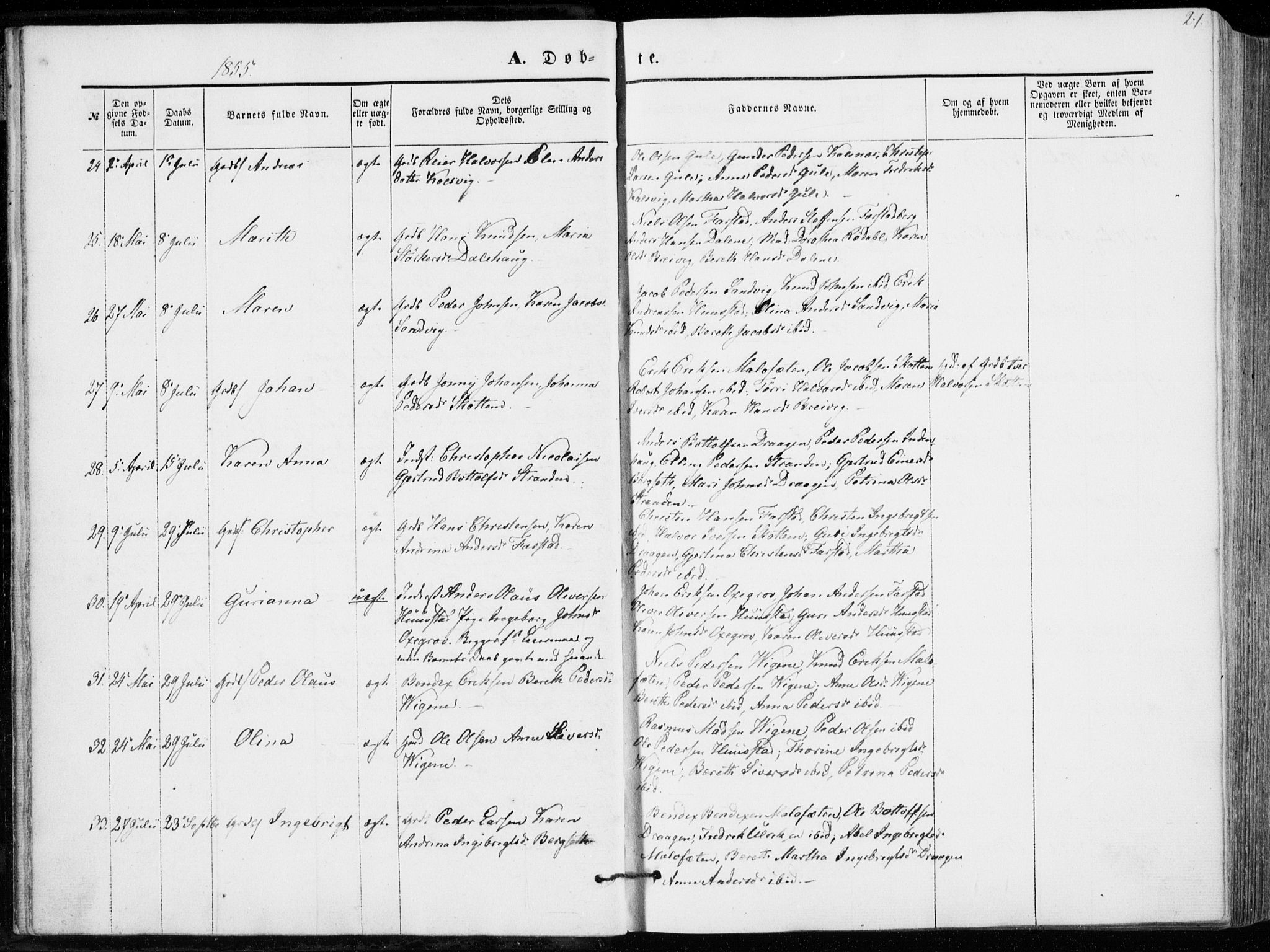 Ministerialprotokoller, klokkerbøker og fødselsregistre - Møre og Romsdal, AV/SAT-A-1454/566/L0767: Parish register (official) no. 566A06, 1852-1868, p. 21