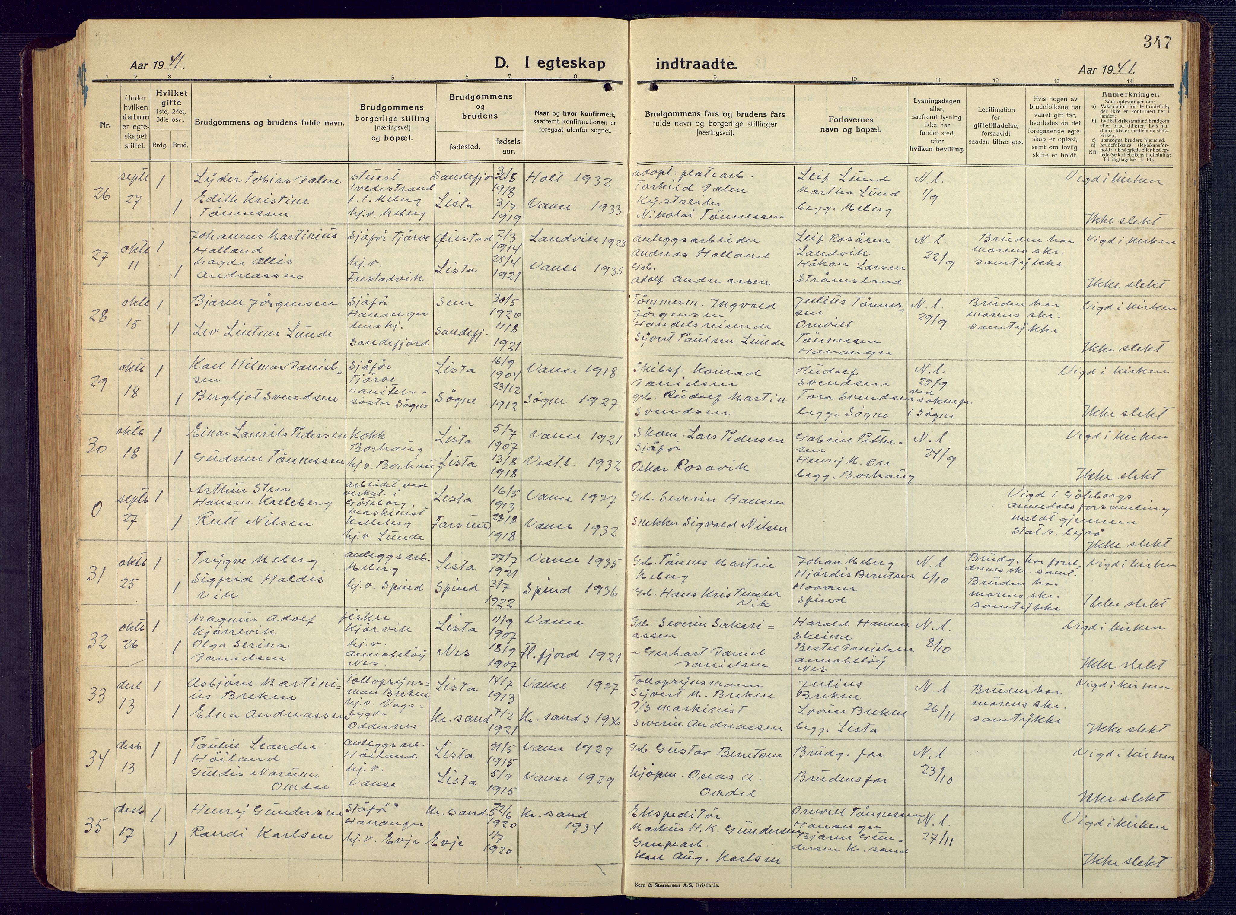 Lista sokneprestkontor, AV/SAK-1111-0027/F/Fb/L0006: Parish register (copy) no. B 6, 1924-1947, p. 347