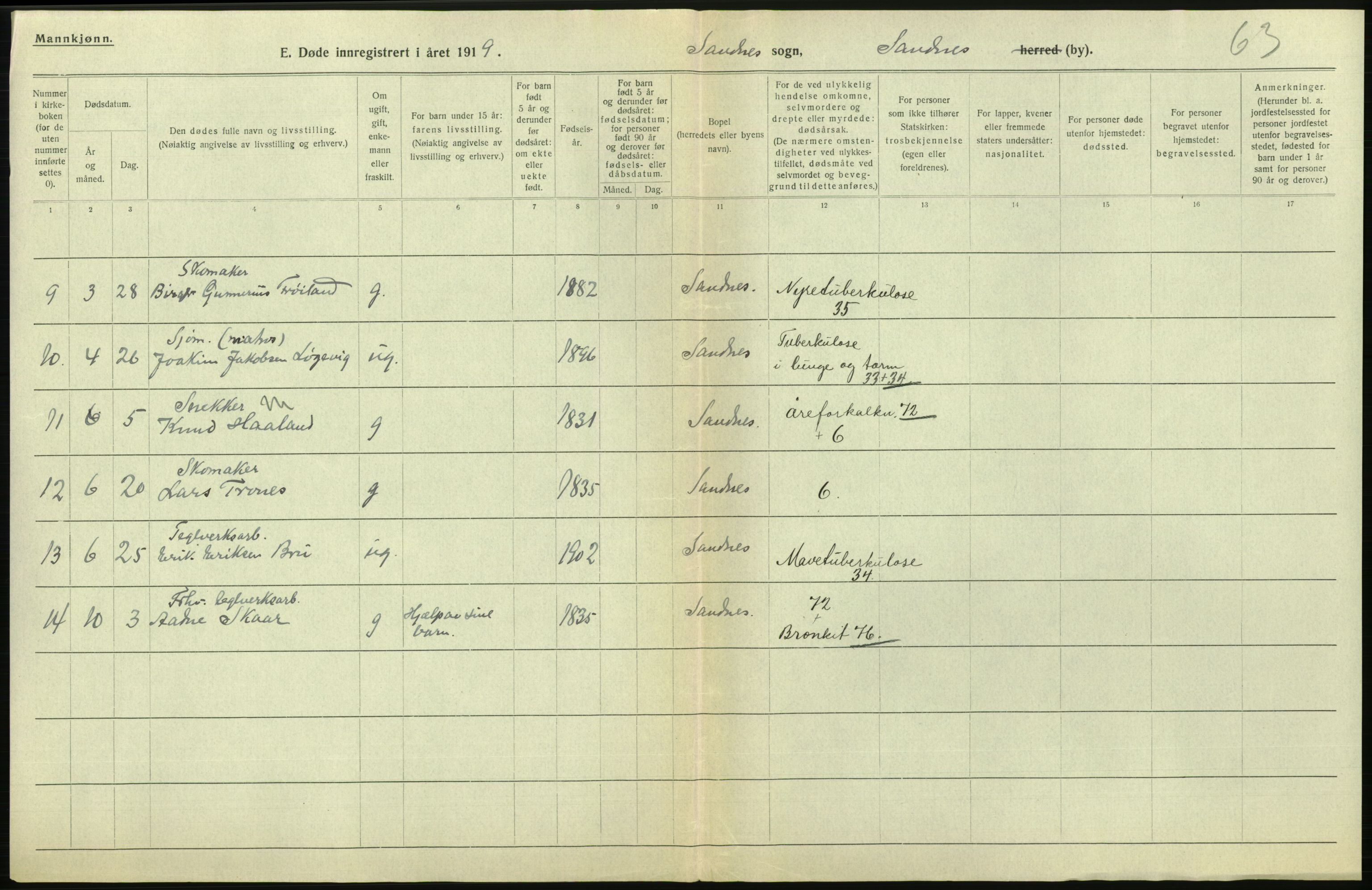 Statistisk sentralbyrå, Sosiodemografiske emner, Befolkning, RA/S-2228/D/Df/Dfb/Dfbi/L0030: Rogaland fylke: Døde. Bygder og byer., 1919, p. 440