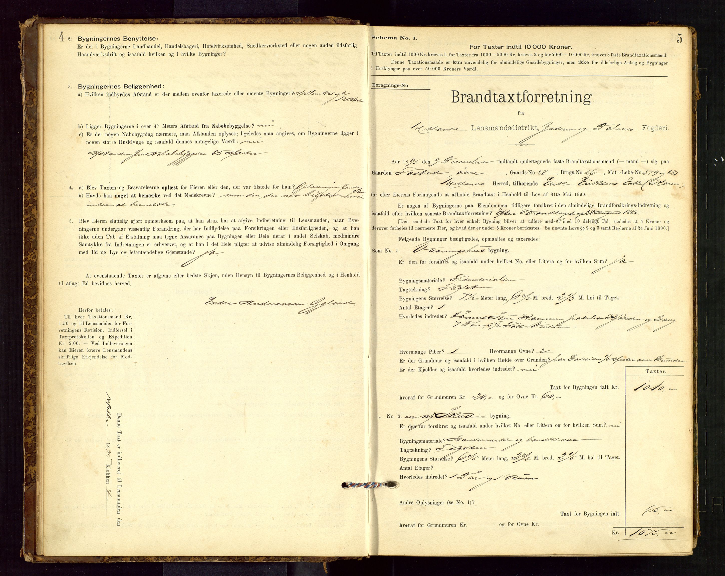 Hetland lensmannskontor, SAST/A-100101/Gob/L0001: "Brandtaxationsprotokol", 1895-1918, p. 4-5