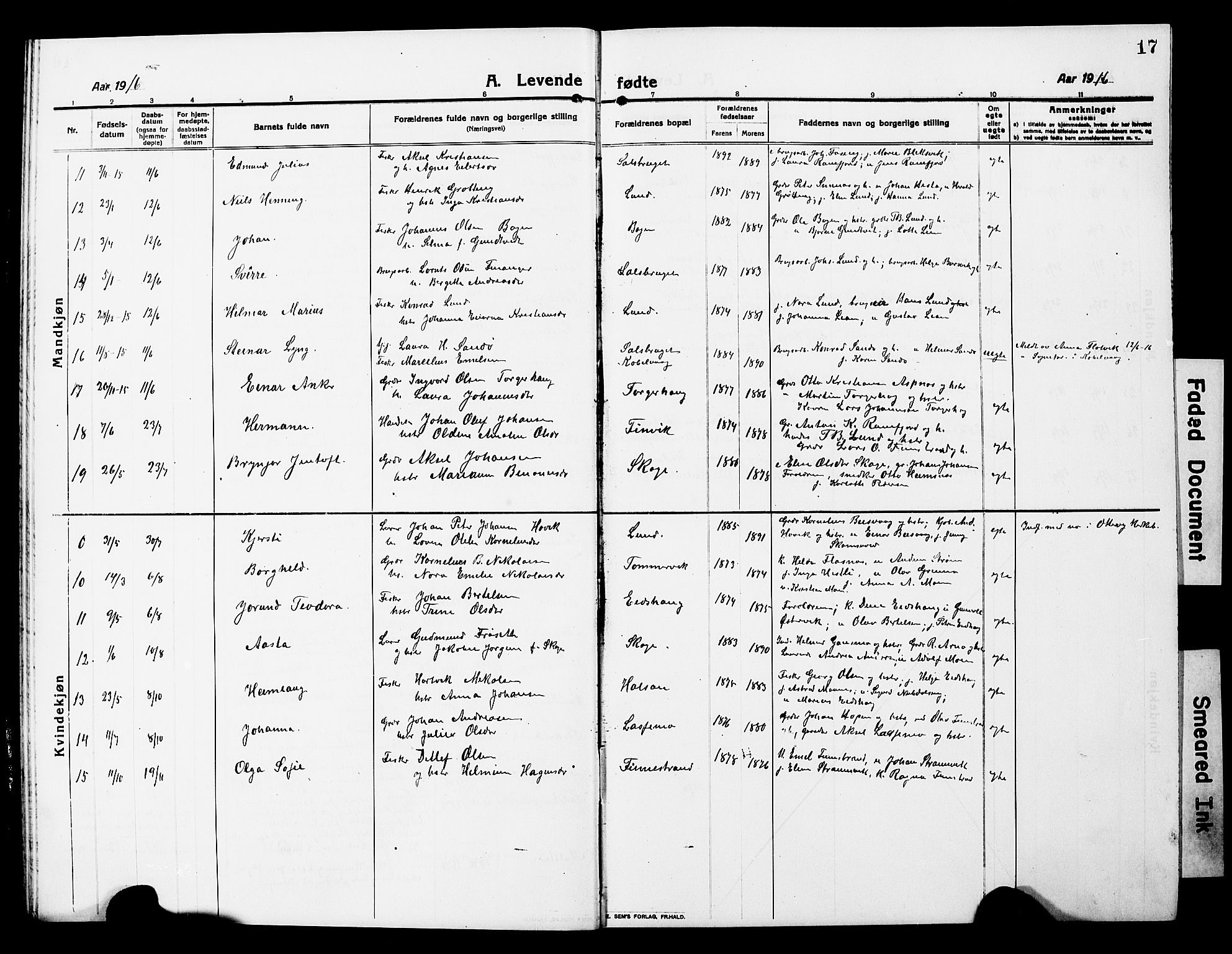 Ministerialprotokoller, klokkerbøker og fødselsregistre - Nord-Trøndelag, AV/SAT-A-1458/780/L0653: Parish register (copy) no. 780C05, 1911-1927, p. 17