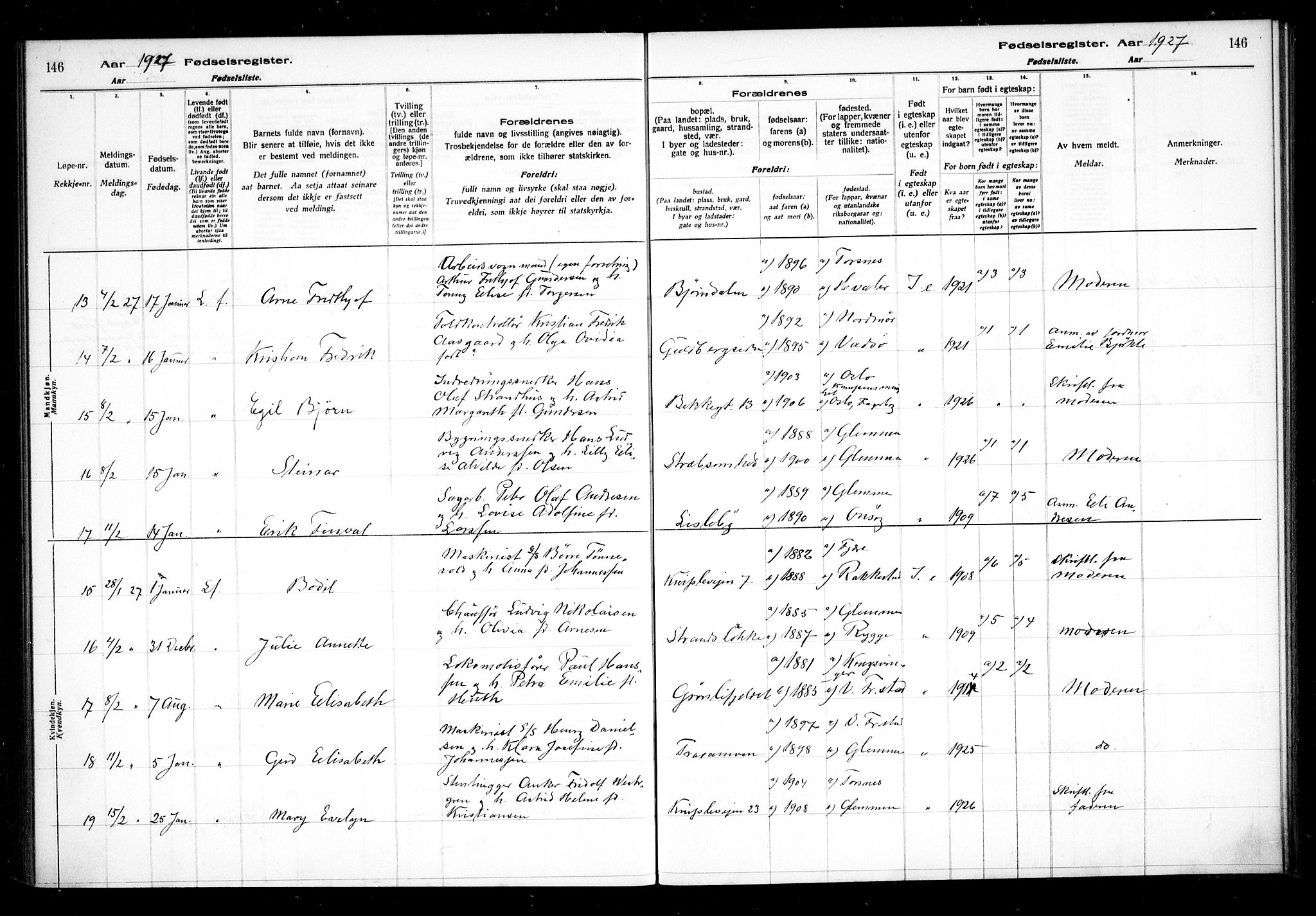 Glemmen prestekontor Kirkebøker, AV/SAO-A-10908/J/Ja/L0002: Birth register no. I 2, 1922-1929, p. 146