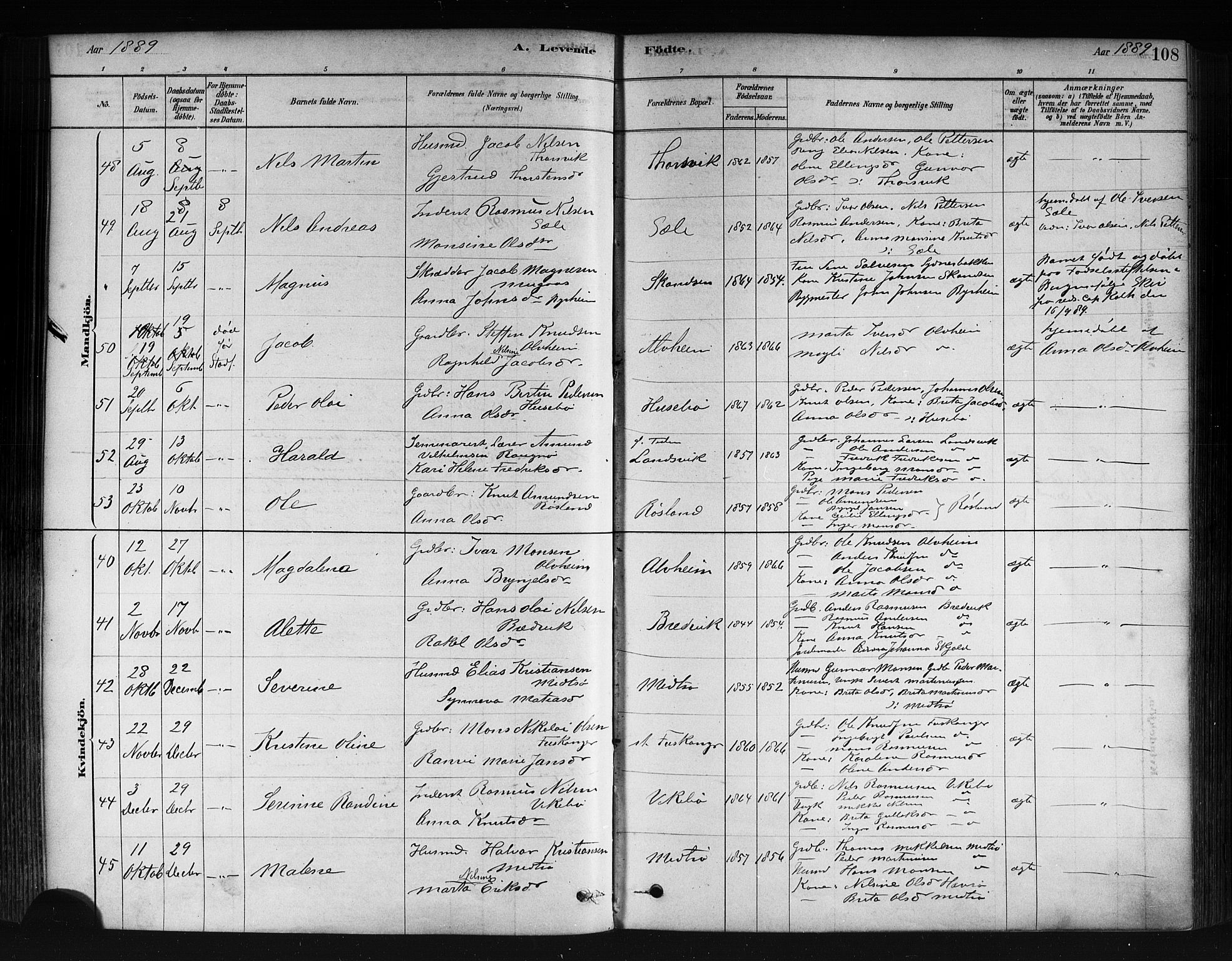 Herdla Sokneprestembete, SAB/A-75701/H/Haa: Parish register (official) no. A 3, 1878-1890, p. 108