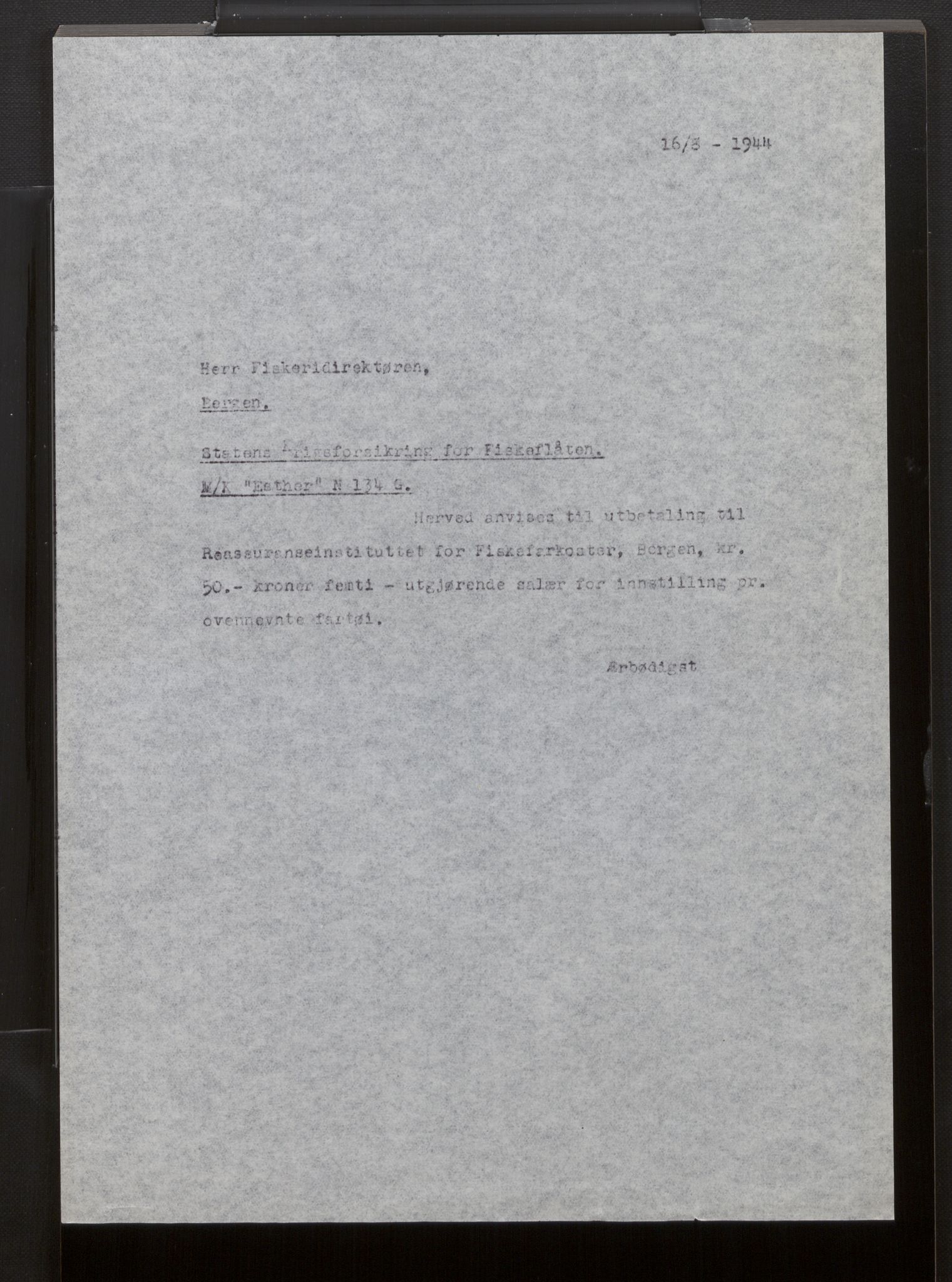 Fiskeridirektoratet - 1 Adm. ledelse - 13 Båtkontoret, AV/SAB-A-2003/La/L0058: Statens krigsforsikring for fiskeflåten, 1936-1971, p. 169
