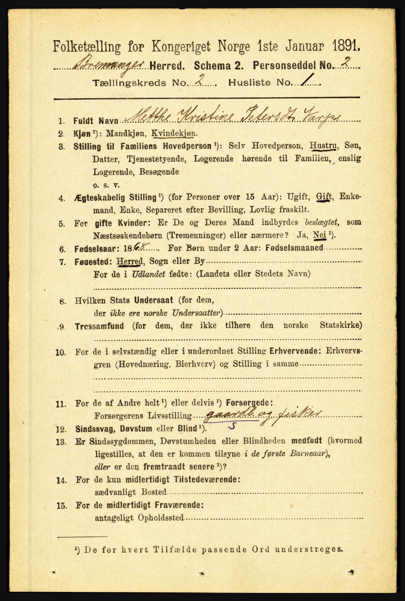 RA, 1891 census for 1438 Bremanger, 1891, p. 653