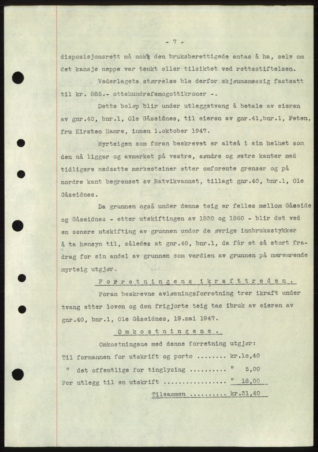 Nordre Sunnmøre sorenskriveri, AV/SAT-A-0006/1/2/2C/2Ca: Mortgage book no. A24, 1947-1947, Diary no: : 910/1947