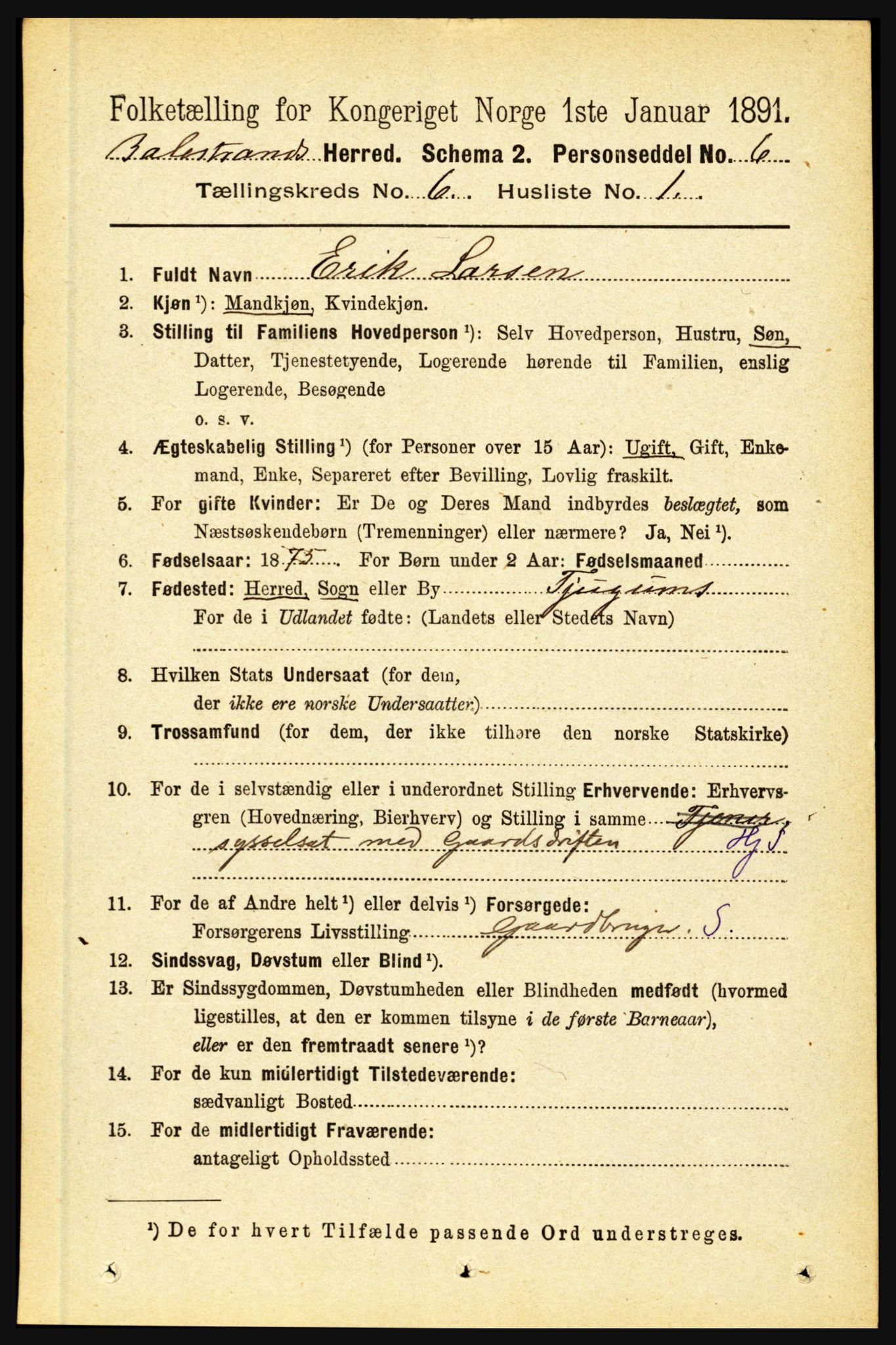 RA, 1891 census for 1418 Balestrand, 1891, p. 1364