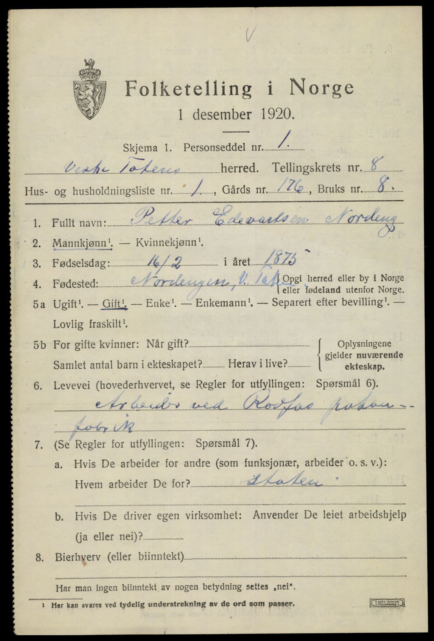 SAH, 1920 census for Vestre Toten, 1920, p. 9702