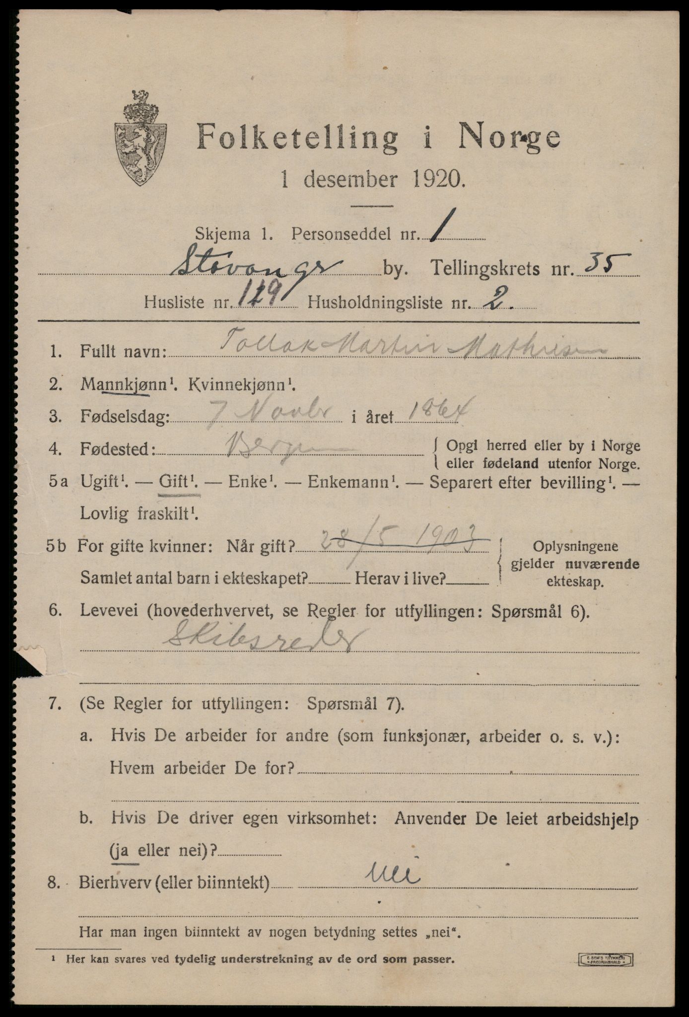 SAST, 1920 census for Stavanger, 1920, p. 95718