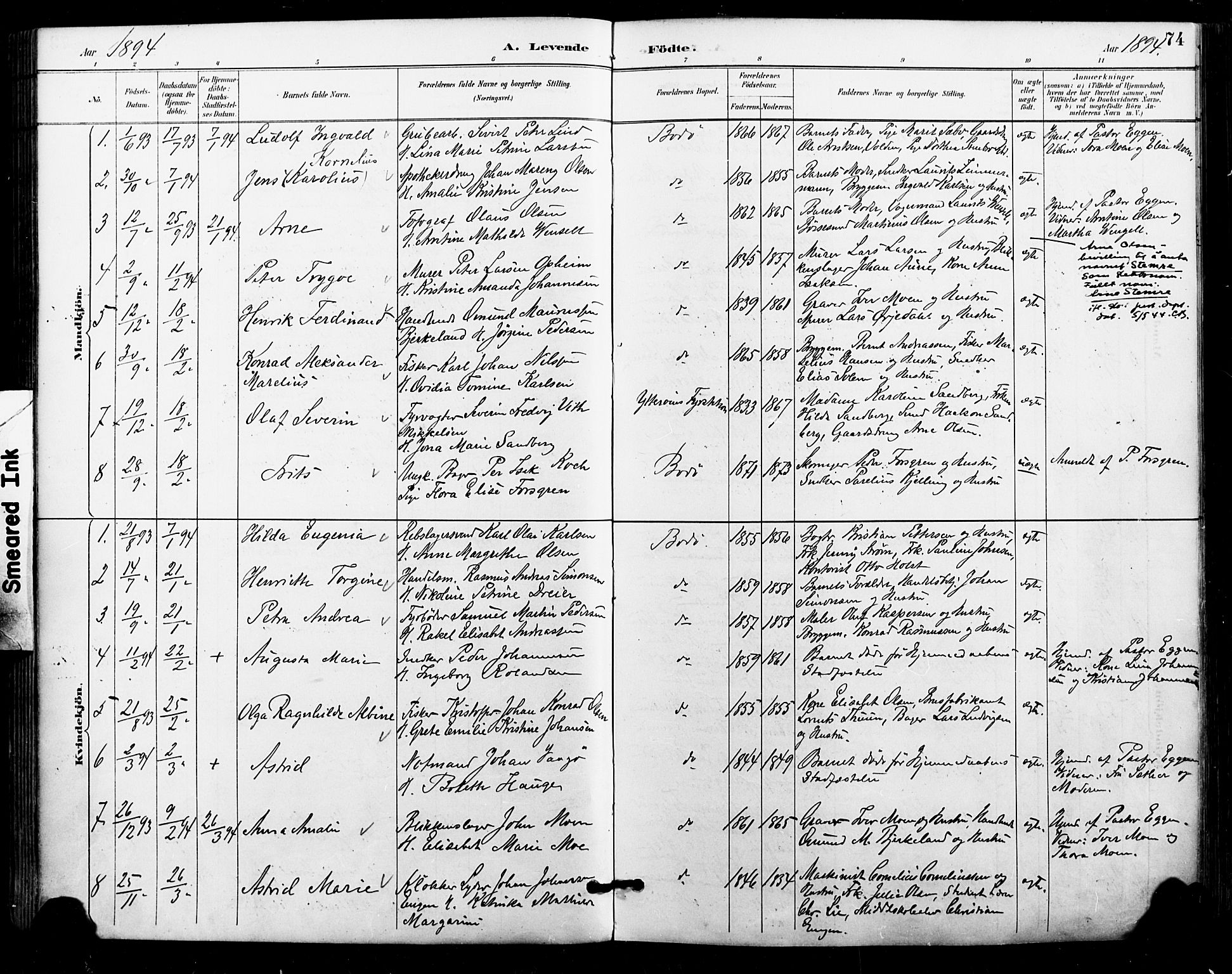 Ministerialprotokoller, klokkerbøker og fødselsregistre - Nordland, AV/SAT-A-1459/801/L0010: Parish register (official) no. 801A10, 1888-1899, p. 74