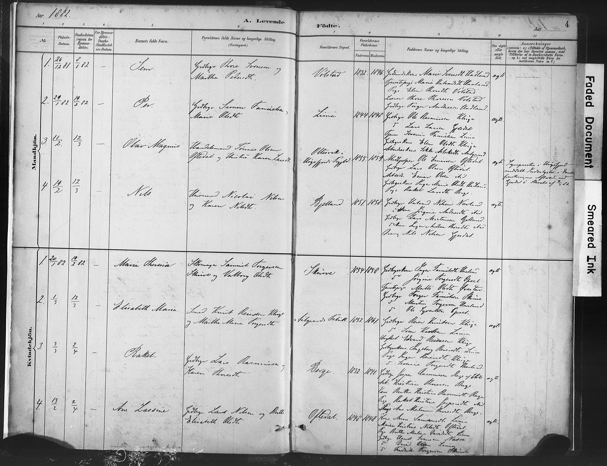Lye sokneprestkontor, SAST/A-101794/001/30BA/L0010: Parish register (official) no. A 10, 1881-1896, p. 4