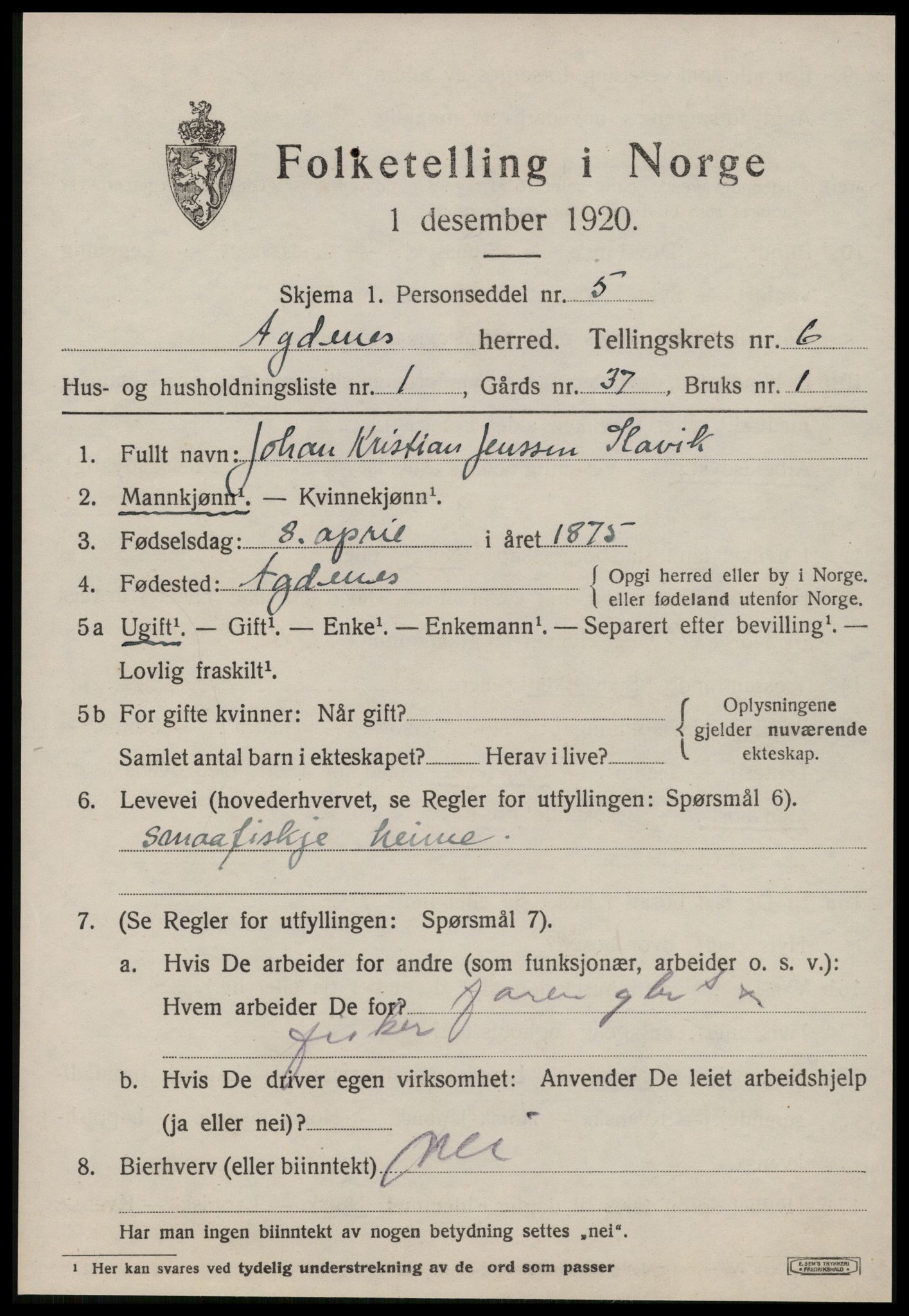 SAT, 1920 census for Agdenes, 1920, p. 2475