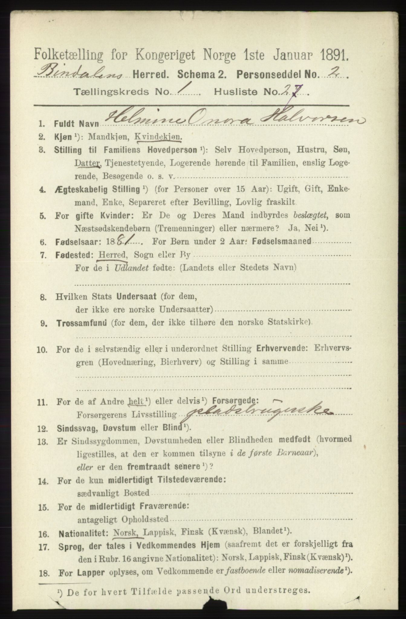 RA, 1891 census for 1811 Bindal, 1891, p. 227