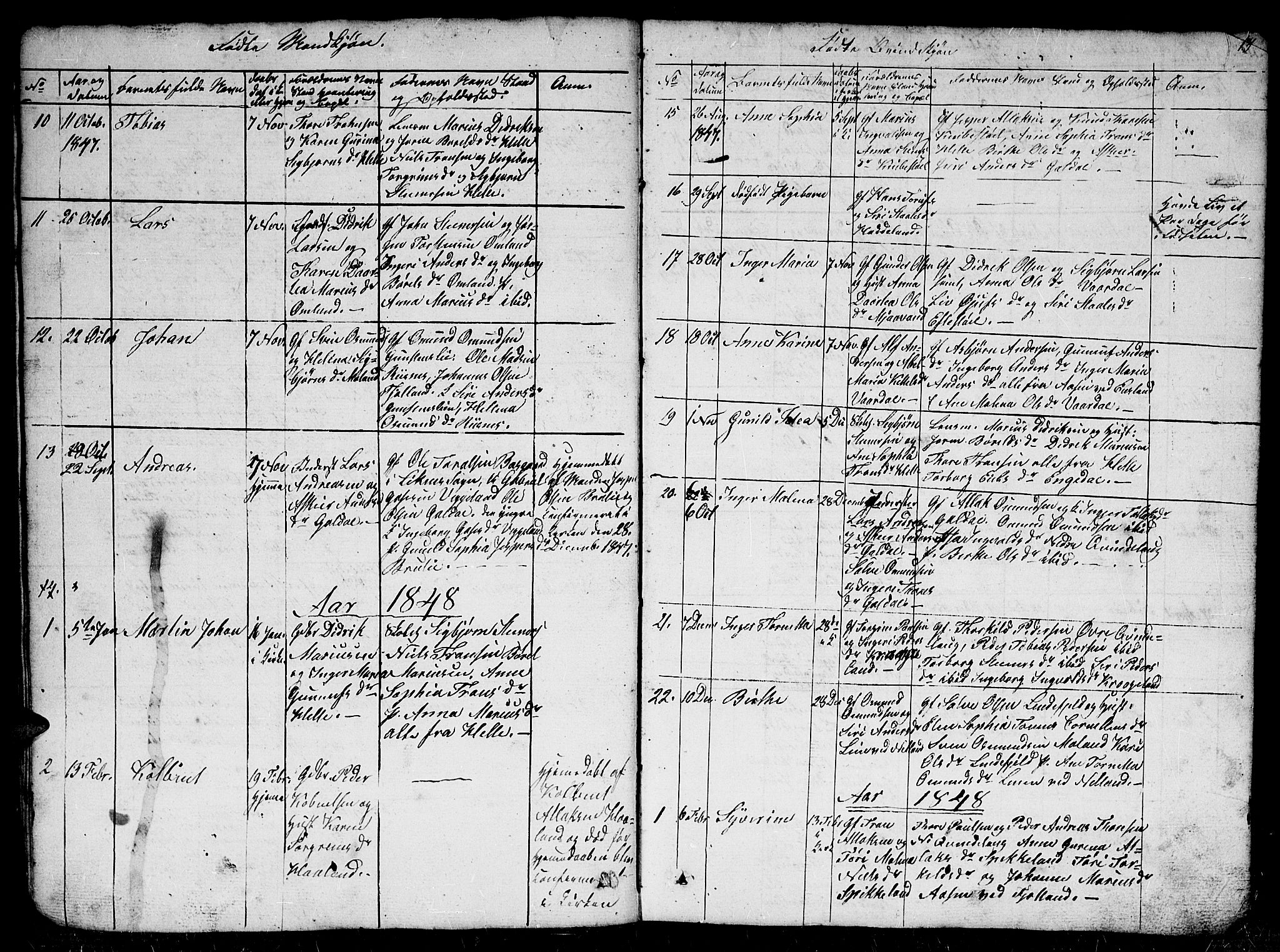 Fjotland sokneprestkontor, SAK/1111-0010/F/Fb/L0002: Parish register (copy) no. B 2, 1841-1871, p. 13