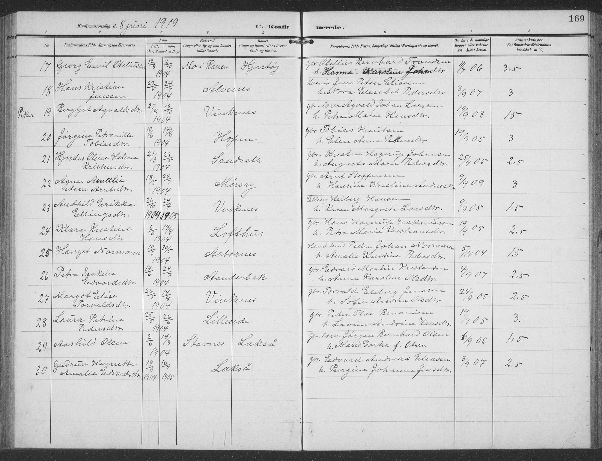 Ministerialprotokoller, klokkerbøker og fødselsregistre - Nordland, AV/SAT-A-1459/858/L0835: Parish register (copy) no. 858C02, 1904-1940, p. 169