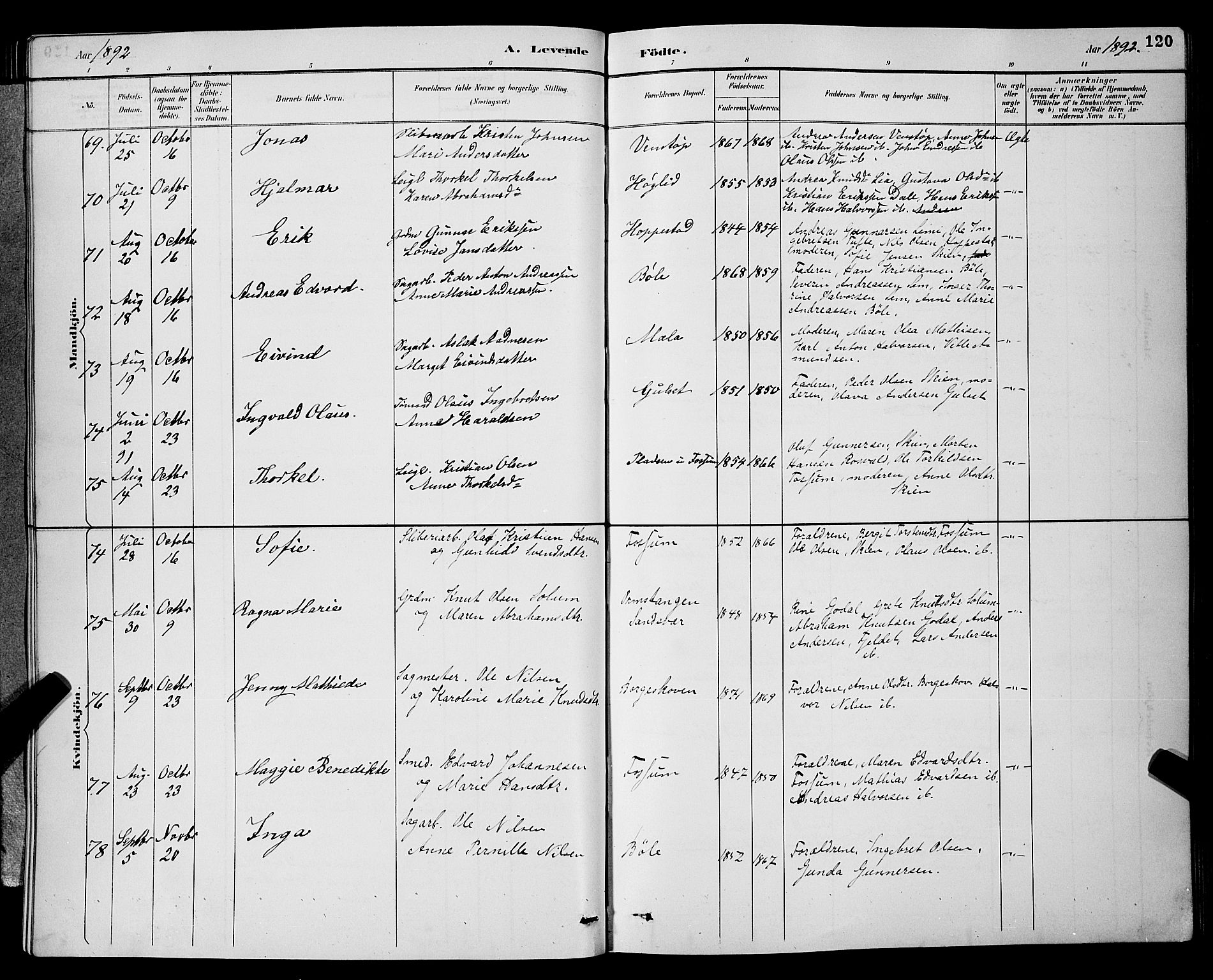 Gjerpen kirkebøker, SAKO/A-265/G/Ga/L0002: Parish register (copy) no. I 2, 1883-1900, p. 120