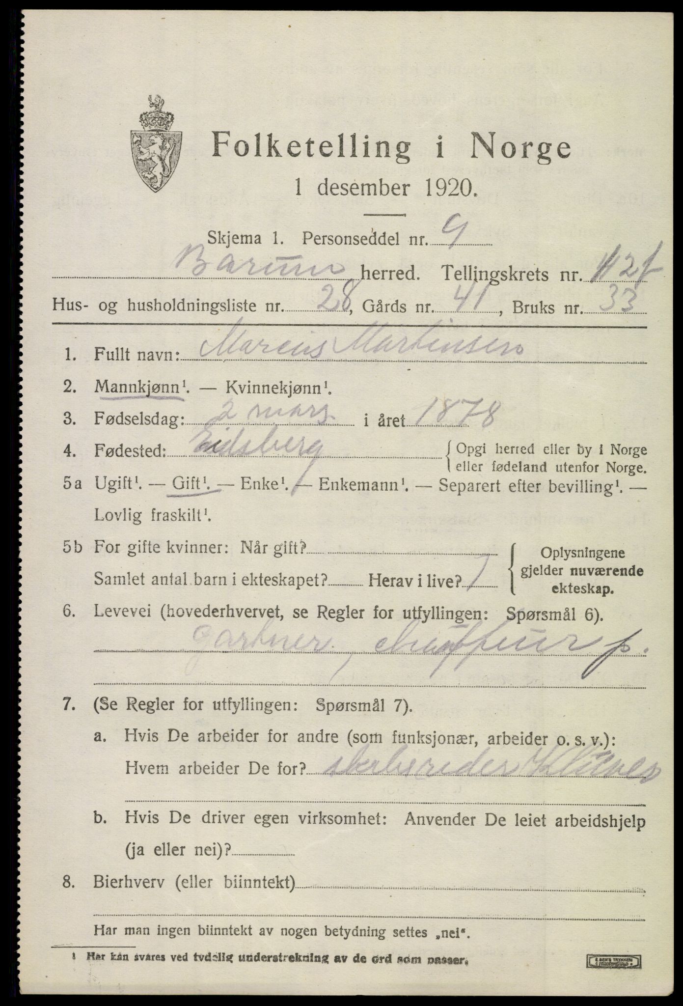 SAO, 1920 census for Bærum, 1920, p. 33032