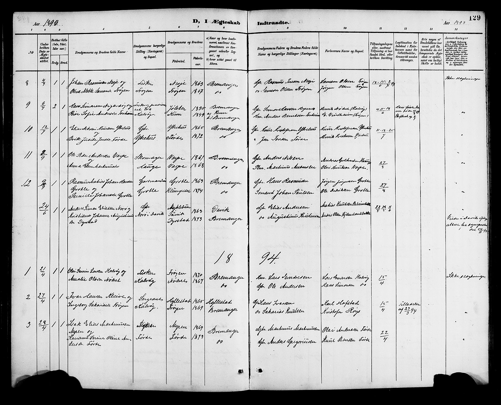Bremanger sokneprestembete, SAB/A-82201/H/Hab/Haba/L0003: Parish register (copy) no. A 3, 1890-1908, p. 129